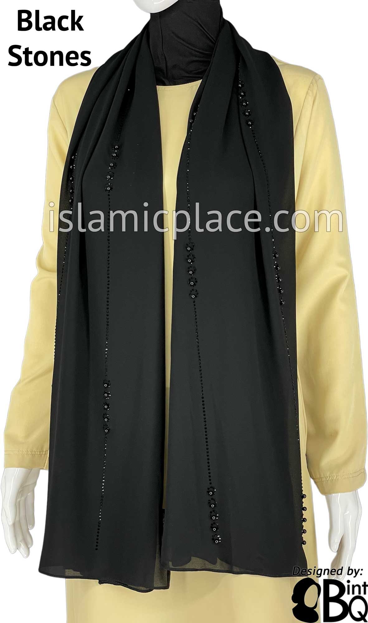 Black with Black Stones in Design 138 - Georgette Chiffon Shayla Long Rectangle Hijab 30"x70"
