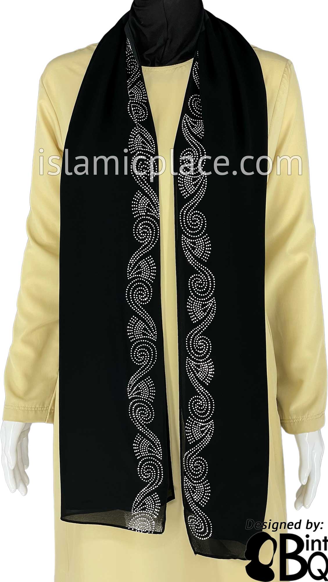 Black with Silver Stones in Design 34 - Georgette Chiffon Shayla Long Rectangle Hijab 30"x70"