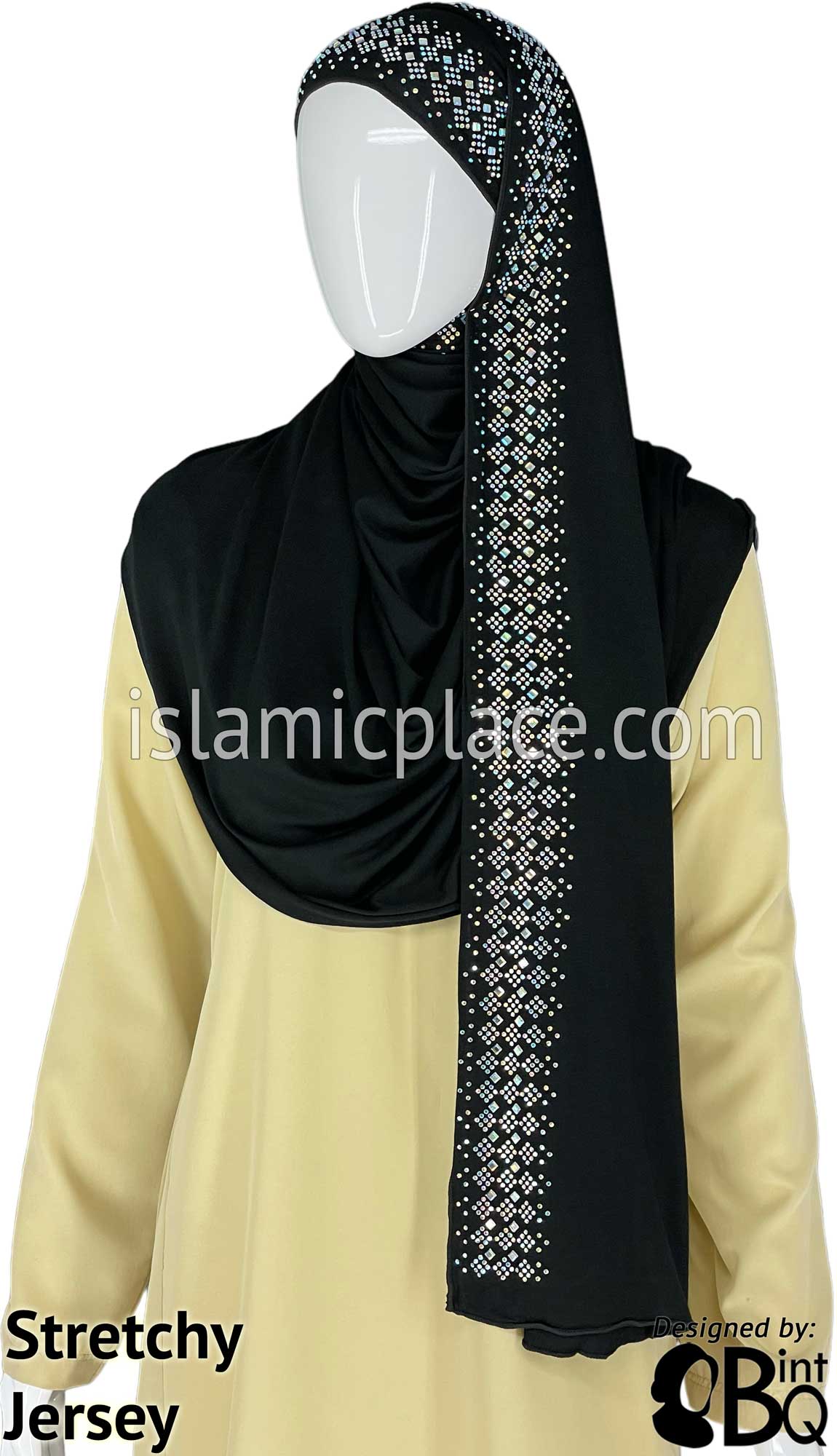 Black with Silver Stones in Design 85 - Jersey Shayla Long Rectangle Hijab 30&quot;x70&quot;