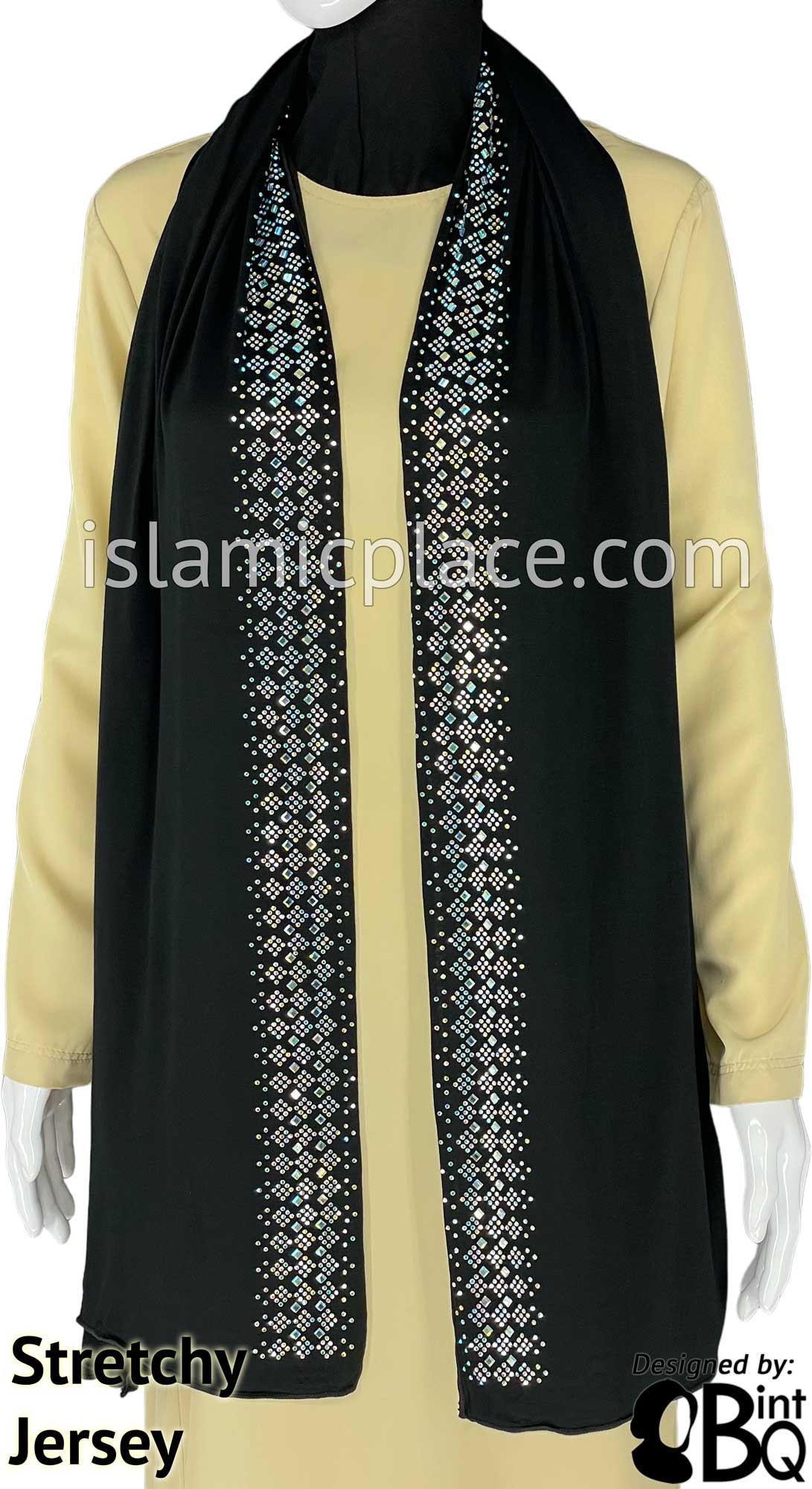 Black with Silver Stones in Design 85 - Jersey Shayla Long Rectangle Hijab 30"x70"