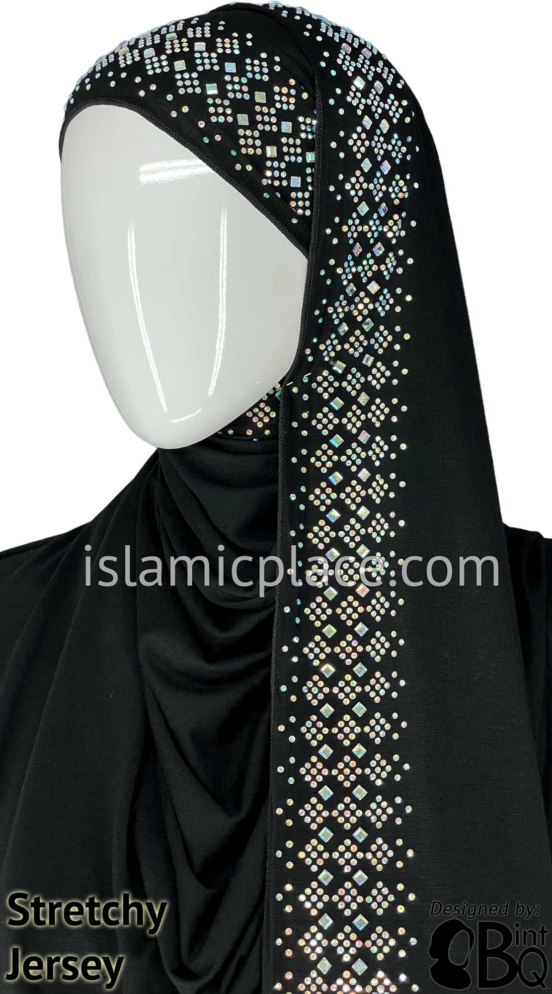 Black with Silver Stones in Design 85 - Jersey Shayla Long Rectangle Hijab 30"x70"