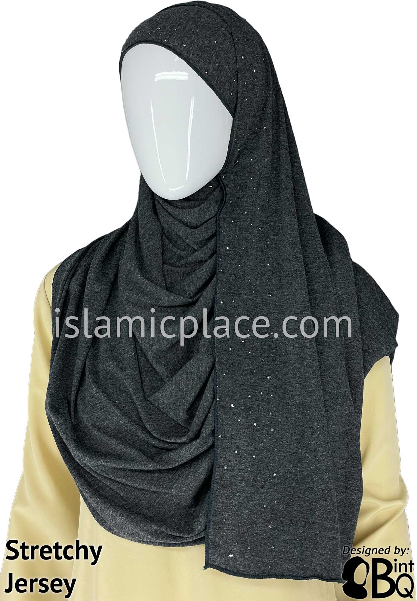 Heather Gray with Gray Stones in Design 56 - Jersey Shayla Long Rectangle Hijab 30"x70"