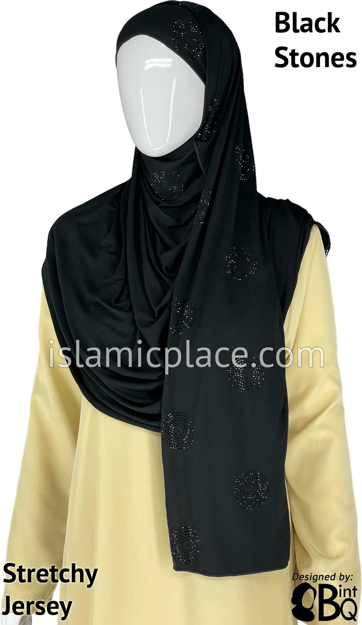 Black with Black Stones in Design 3 - Jersey Shayla Long Rectangle Hijab 30"x70"
