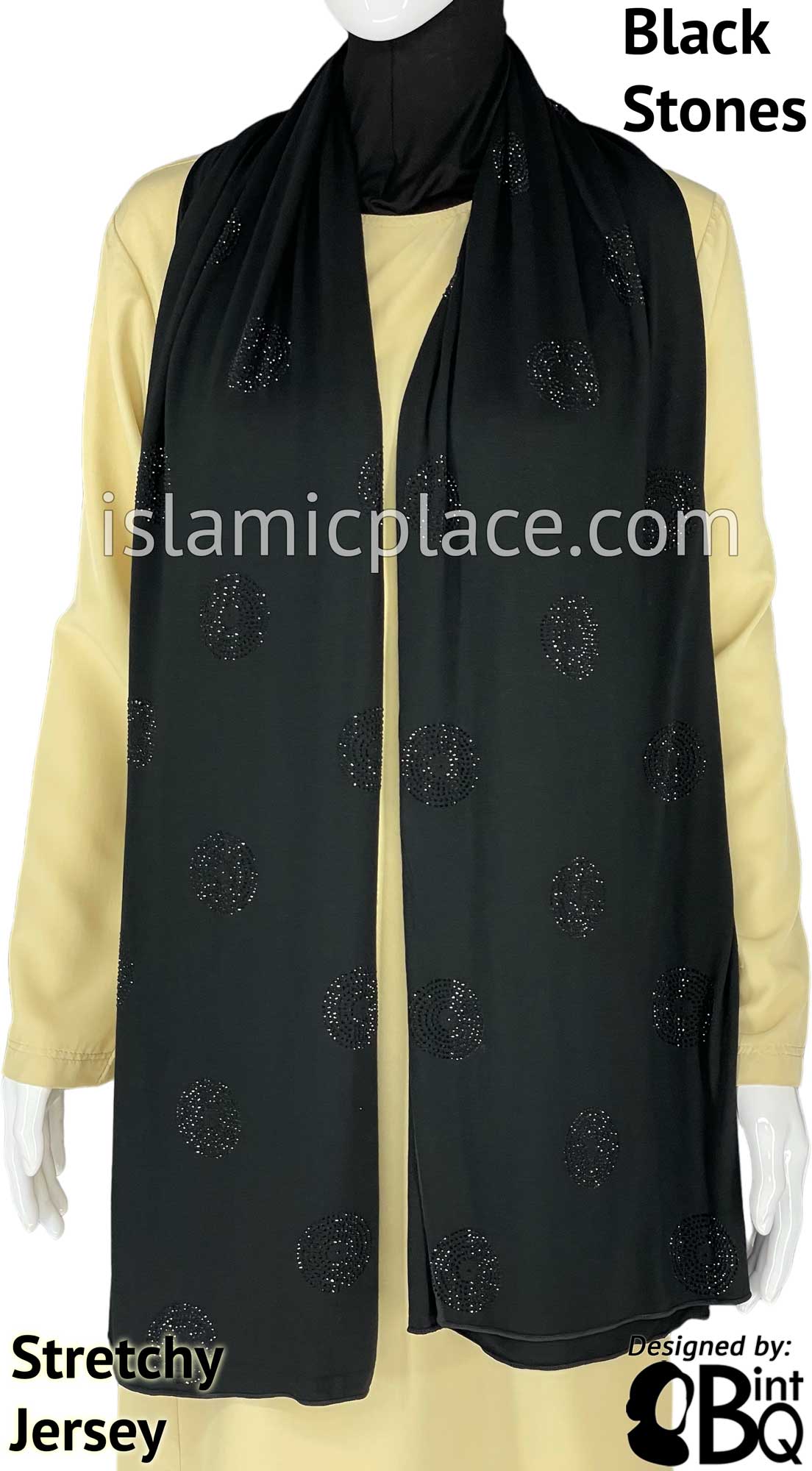 Black with Black Stones in Design 3 - Jersey Shayla Long Rectangle Hijab 30"x70"