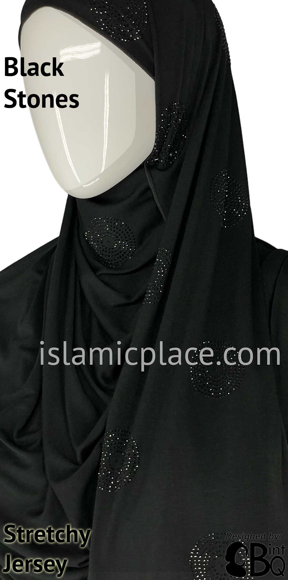 Black with Black Stones in Design 3 - Jersey Shayla Long Rectangle Hijab 30"x70"