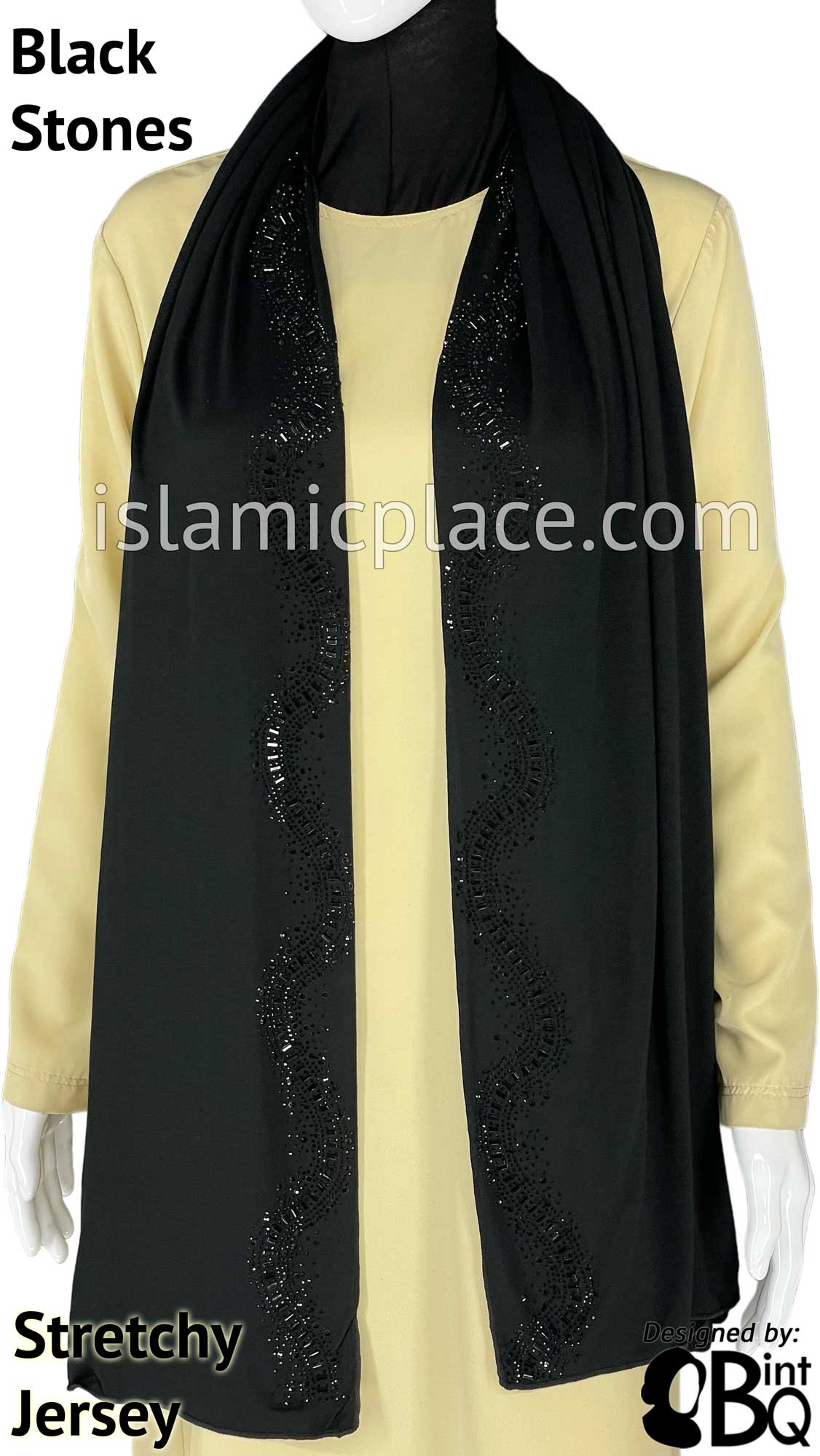 Black with Black Stones in Design 30 - Jersey Shayla Long Rectangle Hijab 30"x70"