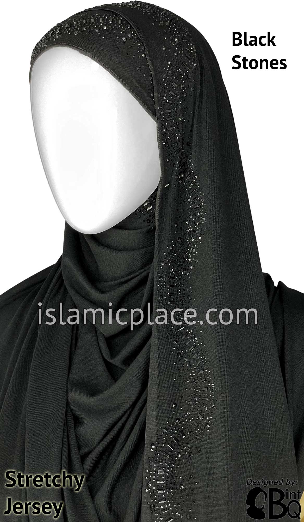 Black with Black Stones in Design 30 - Jersey Shayla Long Rectangle Hijab 30"x70"