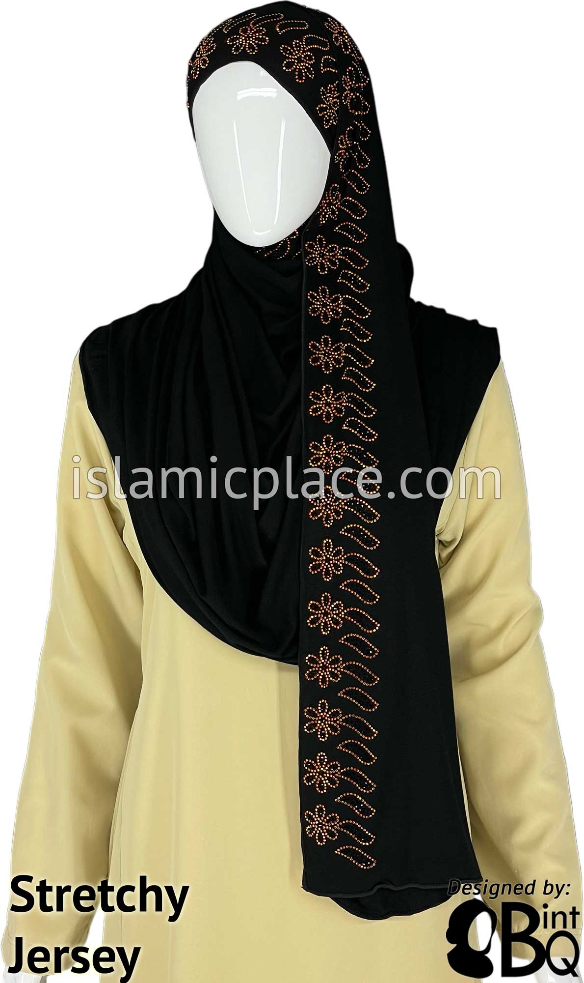 Black with Orange Stones in Design 15 - Jersey Shayla Long Rectangle Hijab 30"x70"