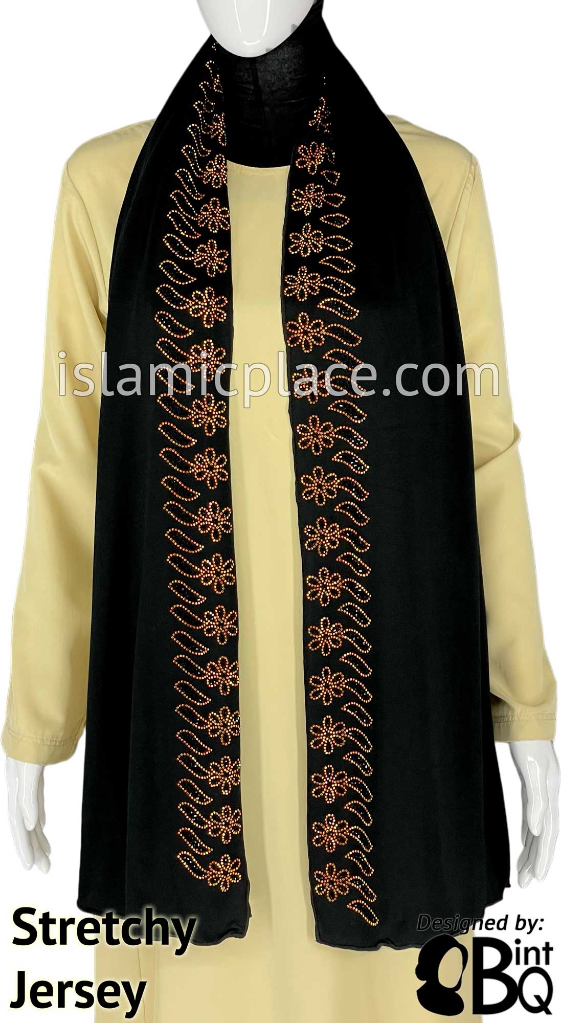 Black with Orange Stones in Design 15 - Jersey Shayla Long Rectangle Hijab 30"x70"