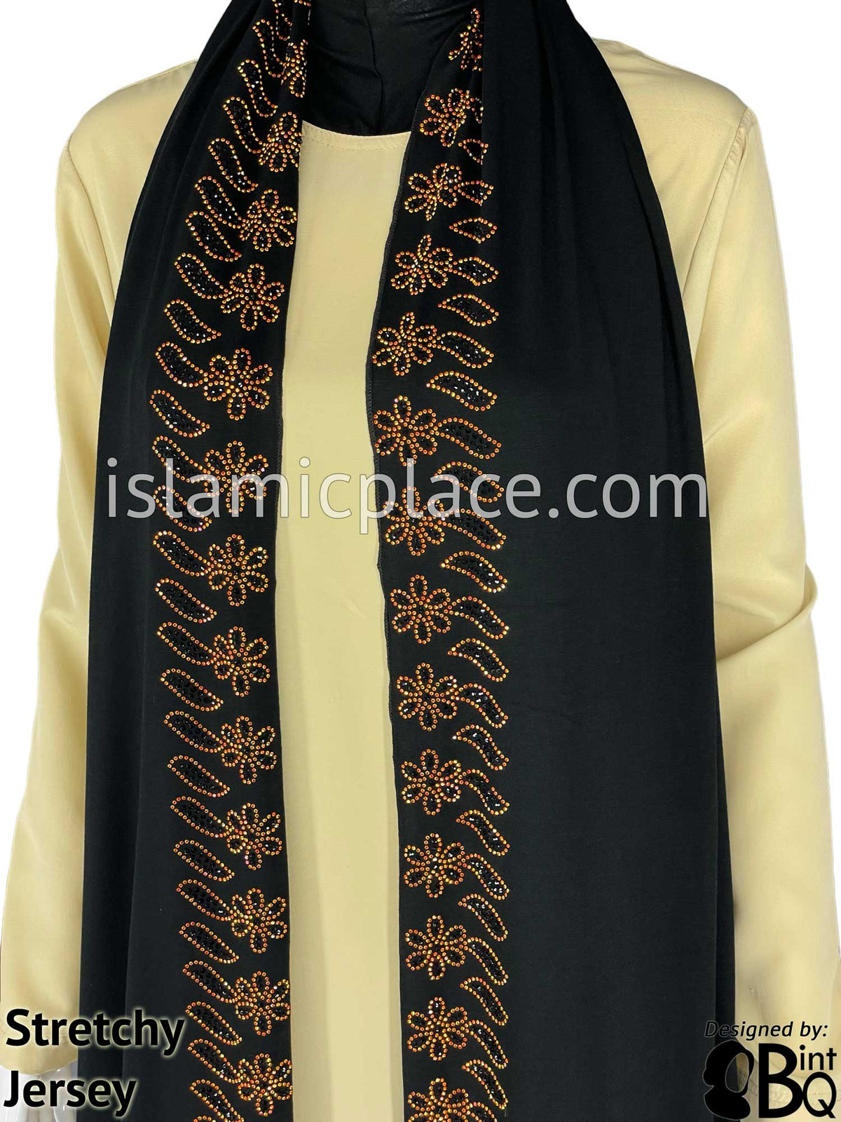 Black with Orange Stones in Design 15 - Jersey Shayla Long Rectangle Hijab 30"x70"