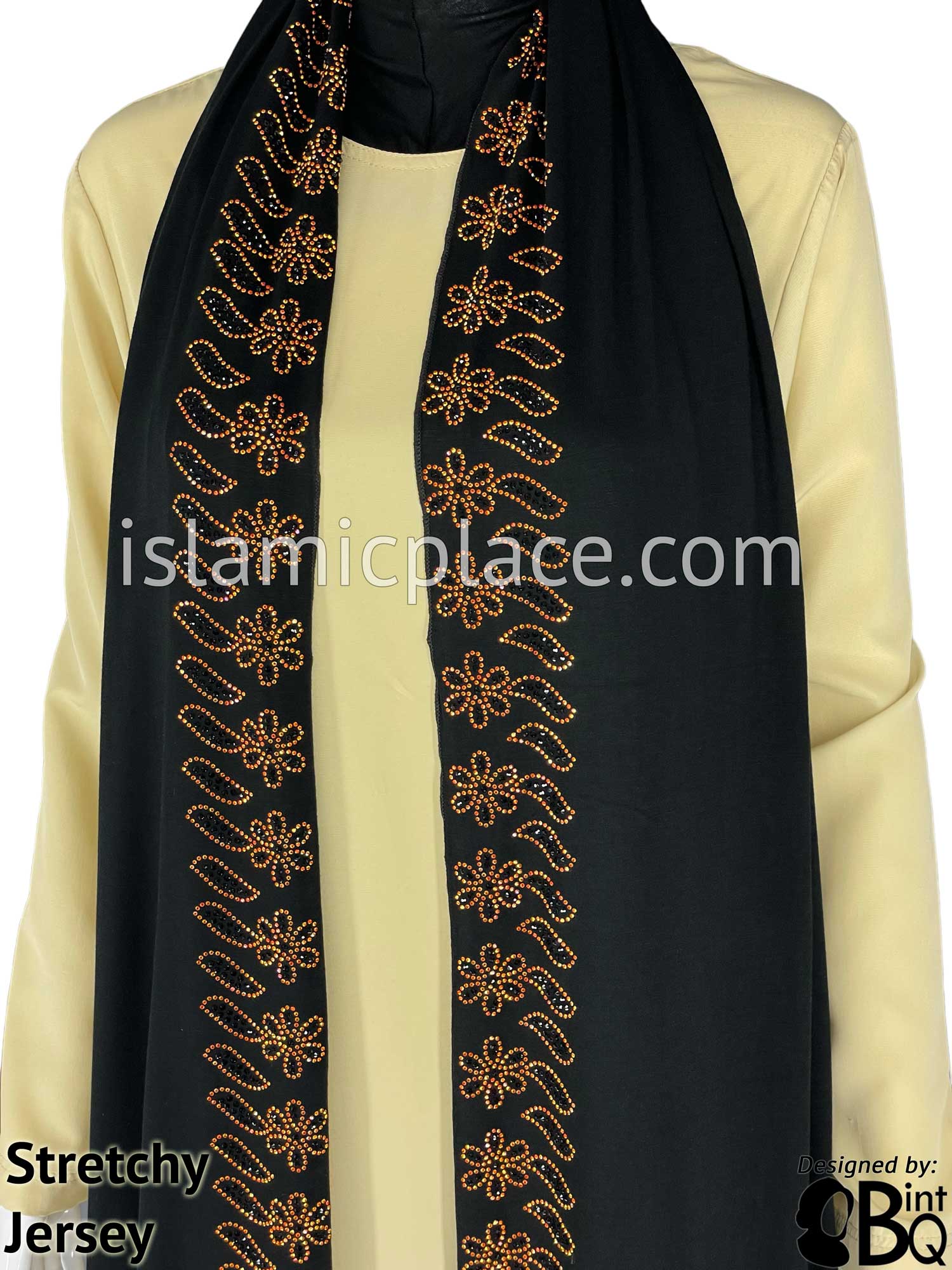 Black with Orange Stones in Design 15 - Jersey Shayla Long Rectangle Hijab 30"x70"