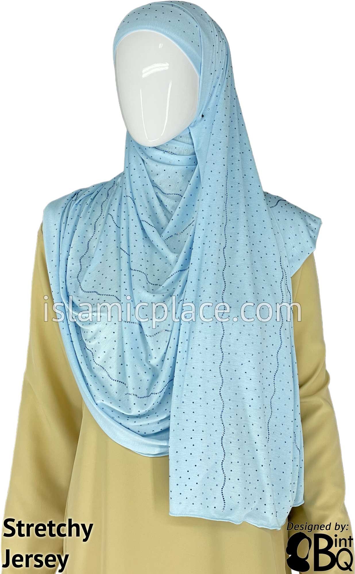 Sky Blue with Sky Blue Stones in Design 142 - Jersey Shayla Long Rectangle Hijab 30"x70"