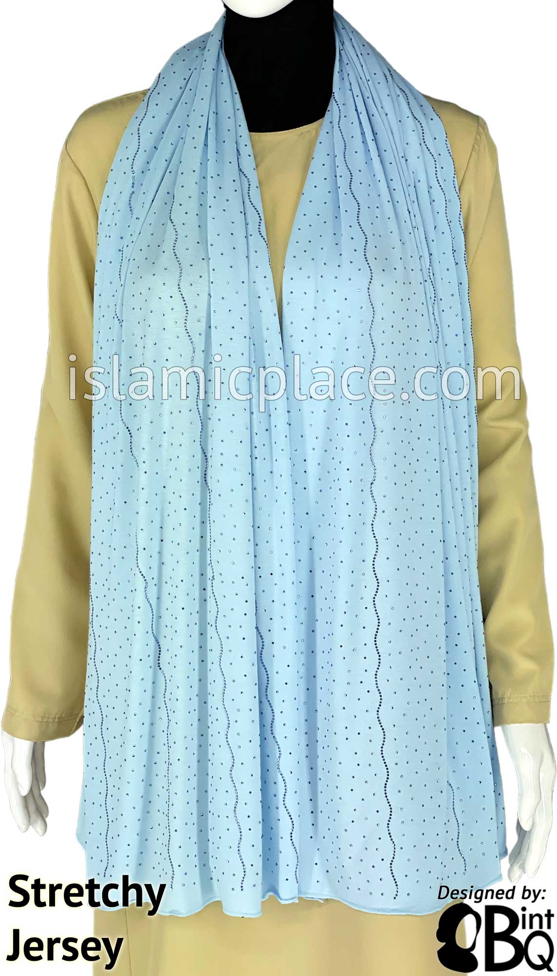 Sky Blue with Sky Blue Stones in Design 142 - Jersey Shayla Long Rectangle Hijab 30"x70"