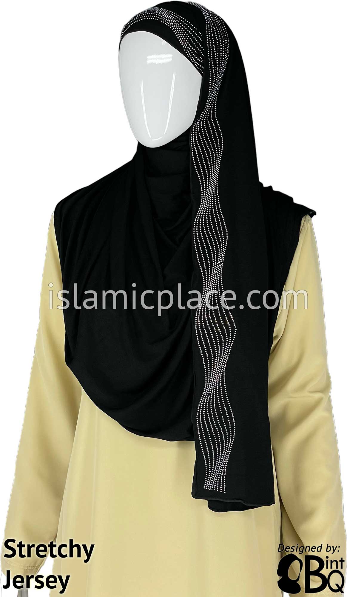 Black with Silver Stones in Design 102 - Jersey Shayla Long Rectangle Hijab 30&quot;x70&quot;