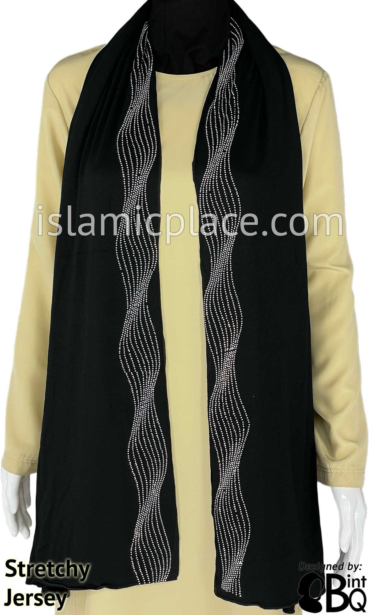Black with Silver Stones in Design 102 - Jersey Shayla Long Rectangle Hijab 30"x70"