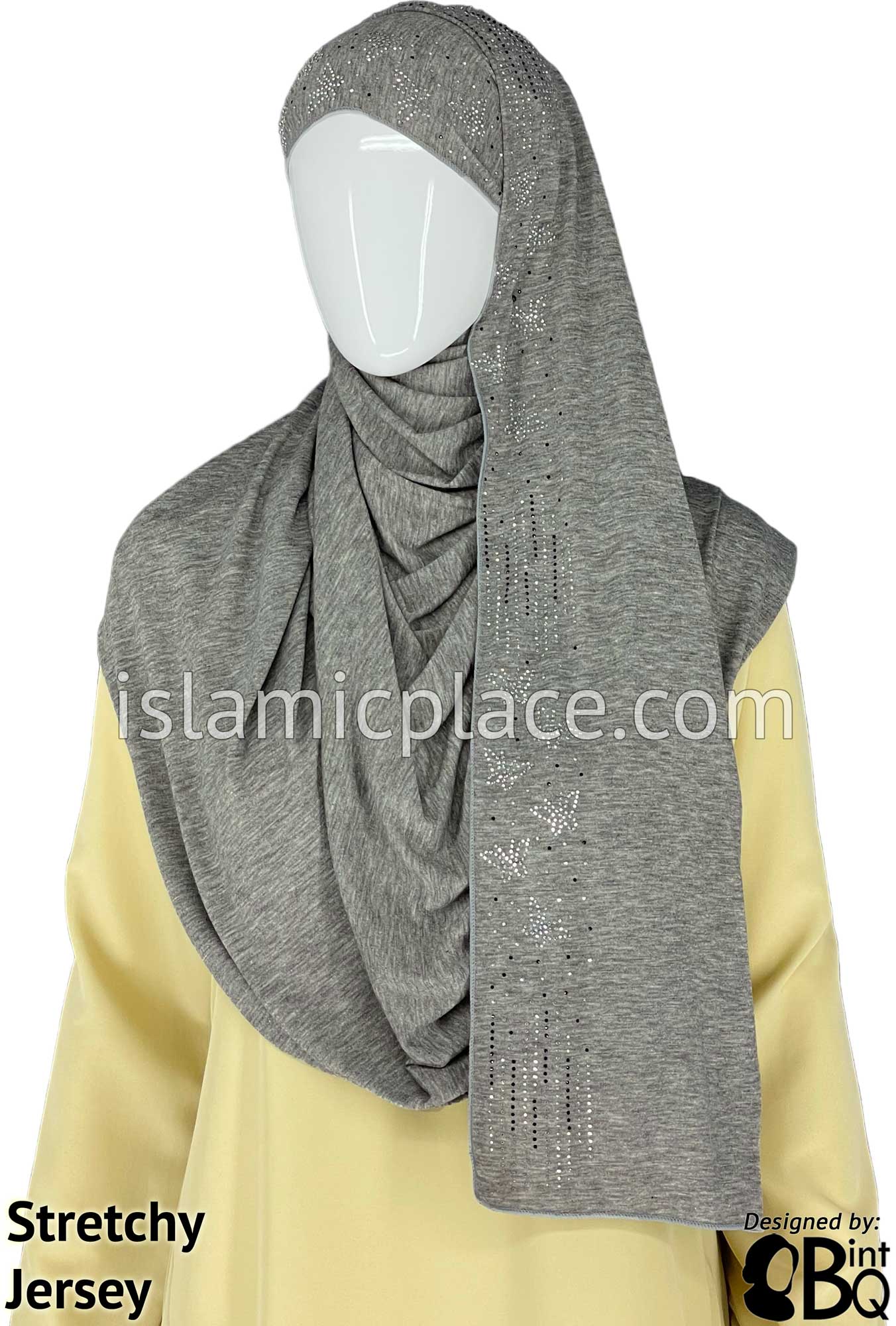 Light Heather Gray with Black-Silver Stones in Design 58 - Jersey Shayla Long Rectangle Hijab 30"x70"