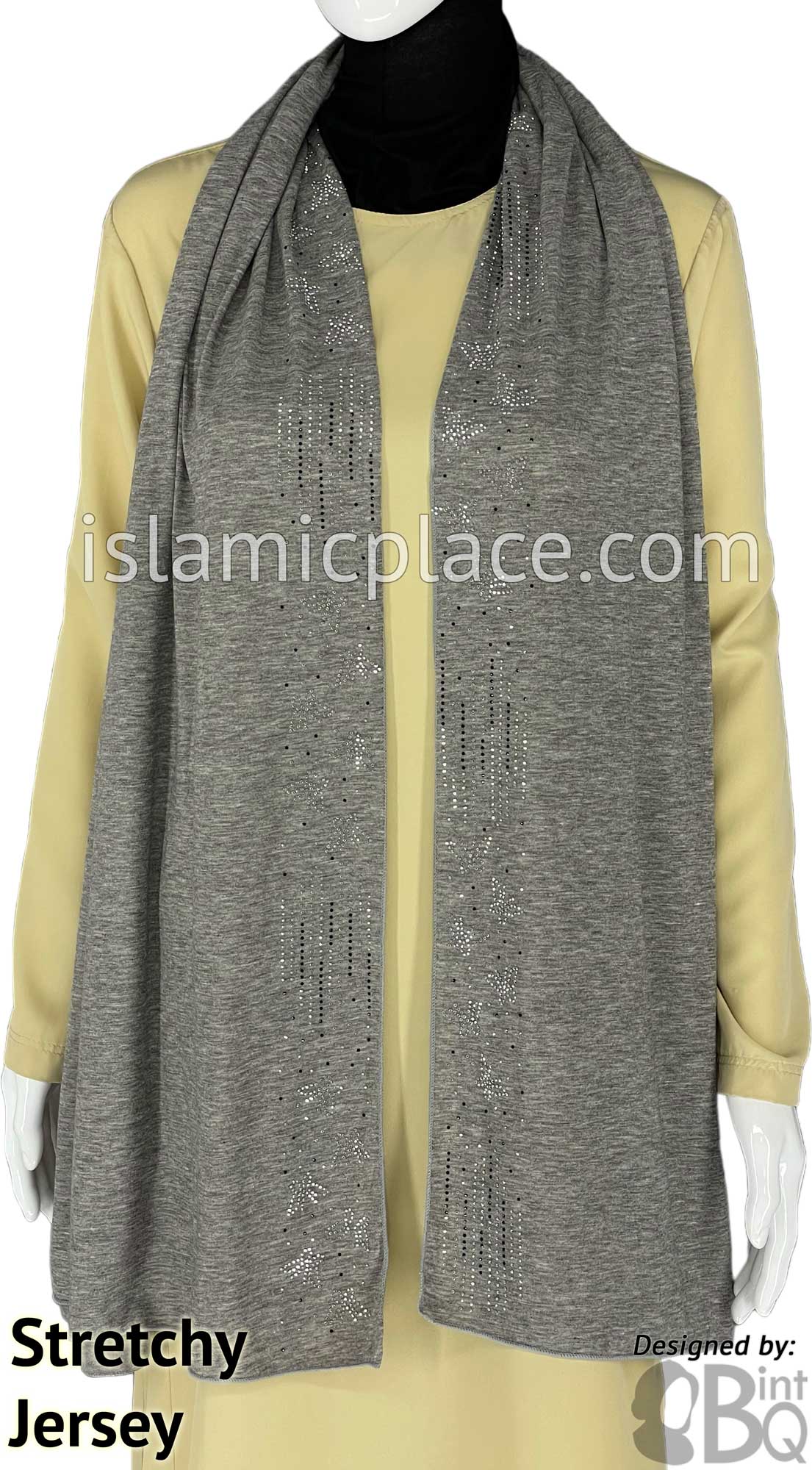 Light Heather Gray with Black-Silver Stones in Design 58 - Jersey Shayla Long Rectangle Hijab 30"x70"