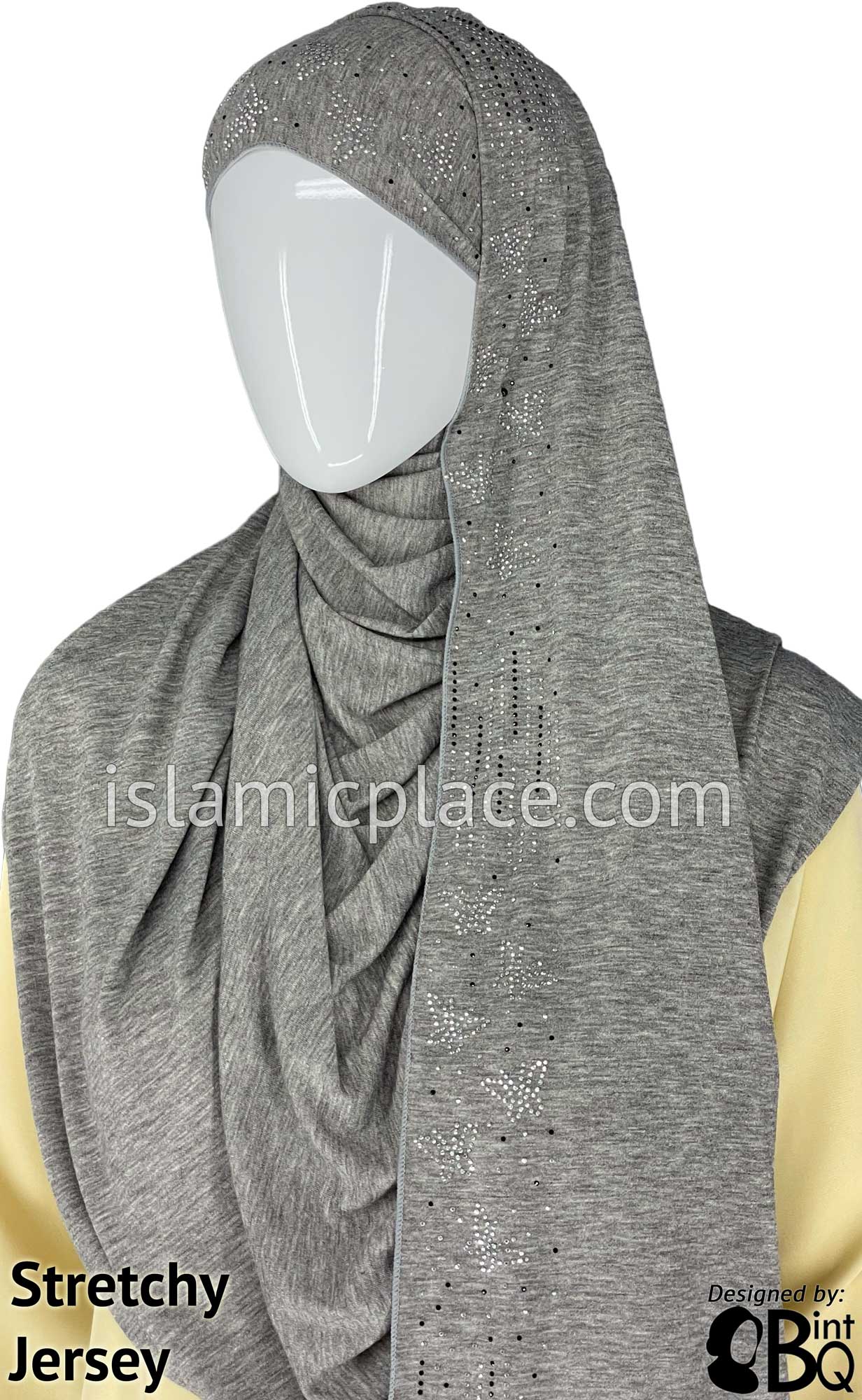 Light Heather Gray with Black-Silver Stones in Design 58 - Jersey Shayla Long Rectangle Hijab 30"x70"