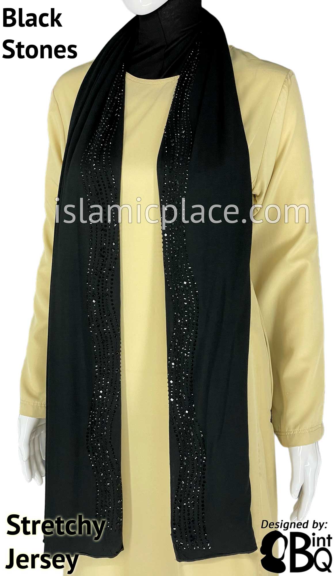 Black with Black Stones in Design 33 - Jersey Shayla Long Rectangle Hijab 30"x70"