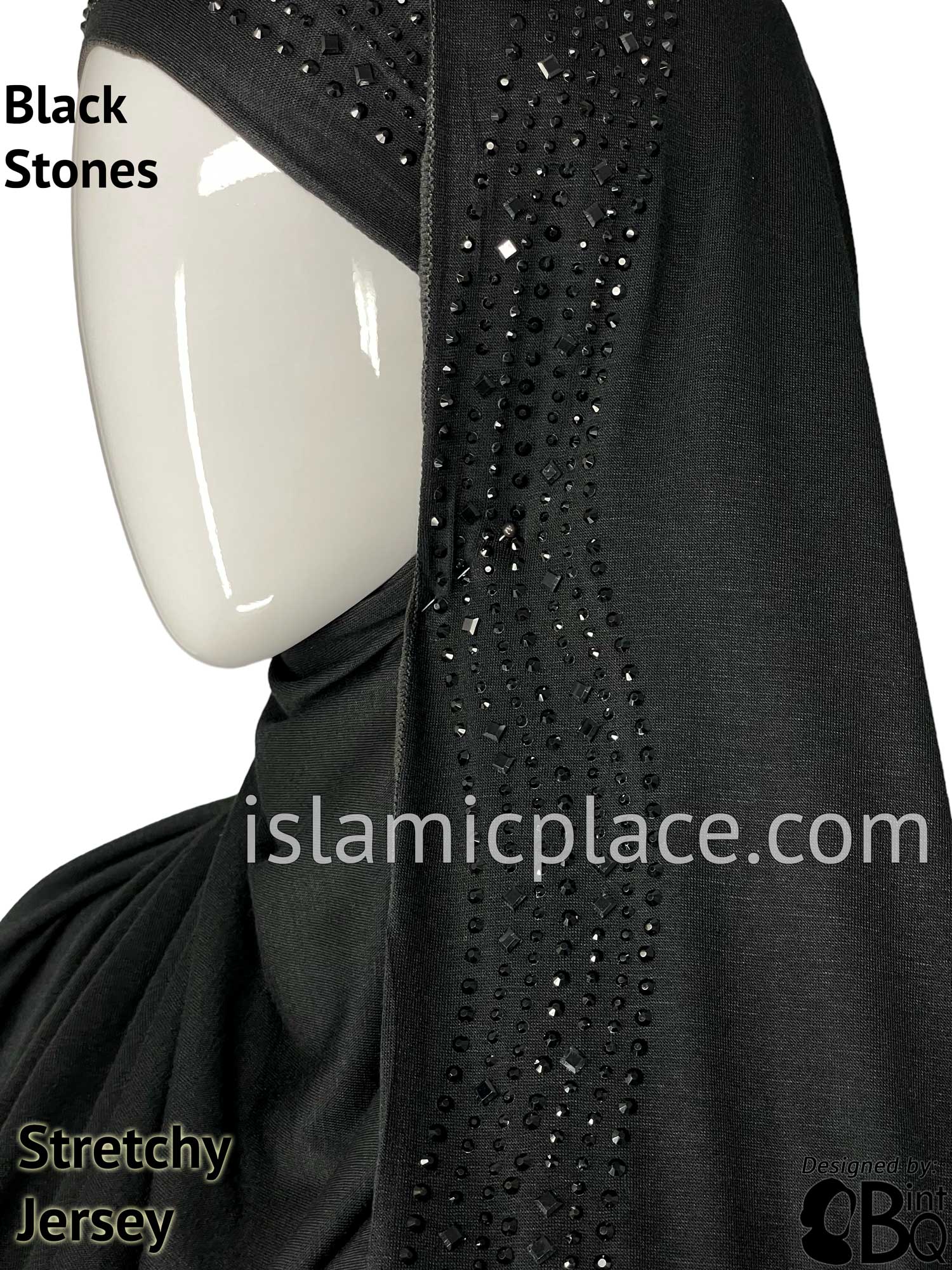 Black with Black Stones in Design 33 - Jersey Shayla Long Rectangle Hijab 30"x70"