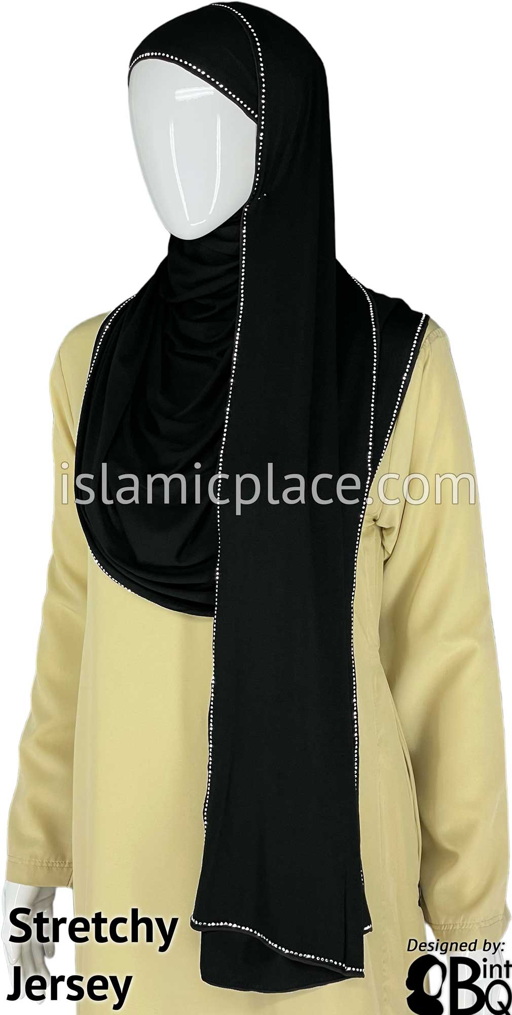 Black with Silver Stones in Design 124 Stone Edge on all 4 sides - Jersey Shayla Long Rectangle Hijab 30"x70"
