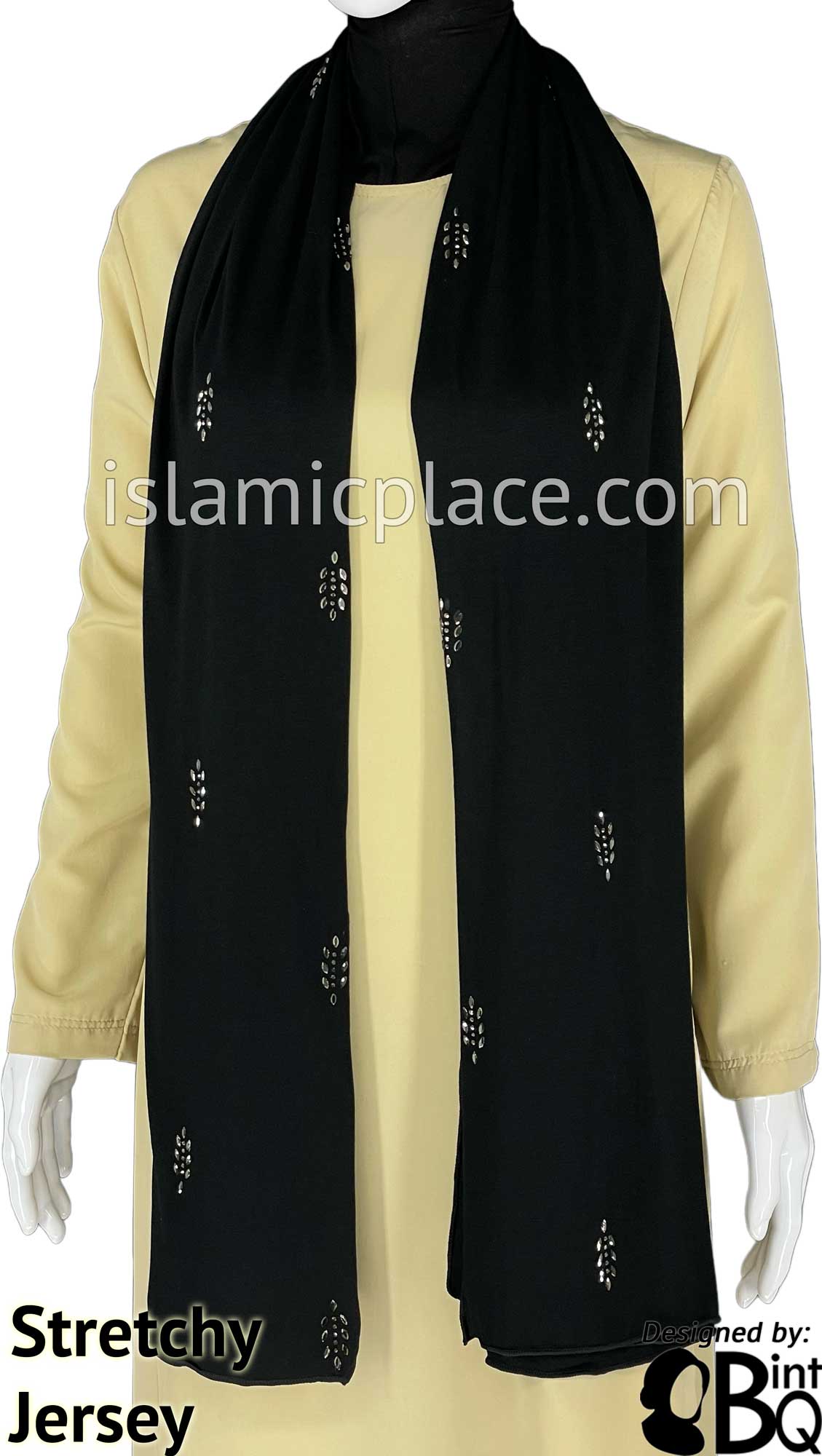 Black with Antique Stones in Design 51 - Jersey Shayla Long Rectangle Hijab 30"x70"