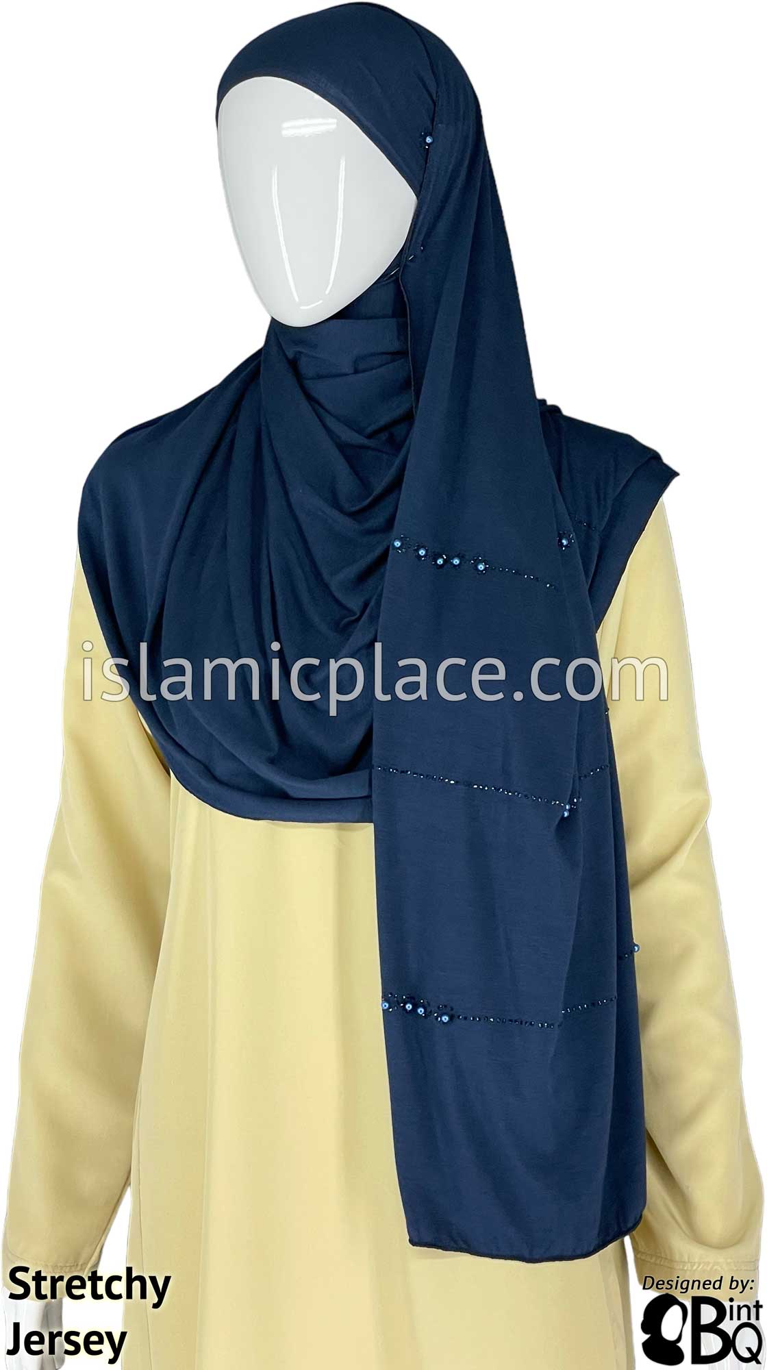 Navy Blue with Navy Stones in Design 138 - Jersey Shayla Long Rectangle Hijab 30&quot;x70&quot;