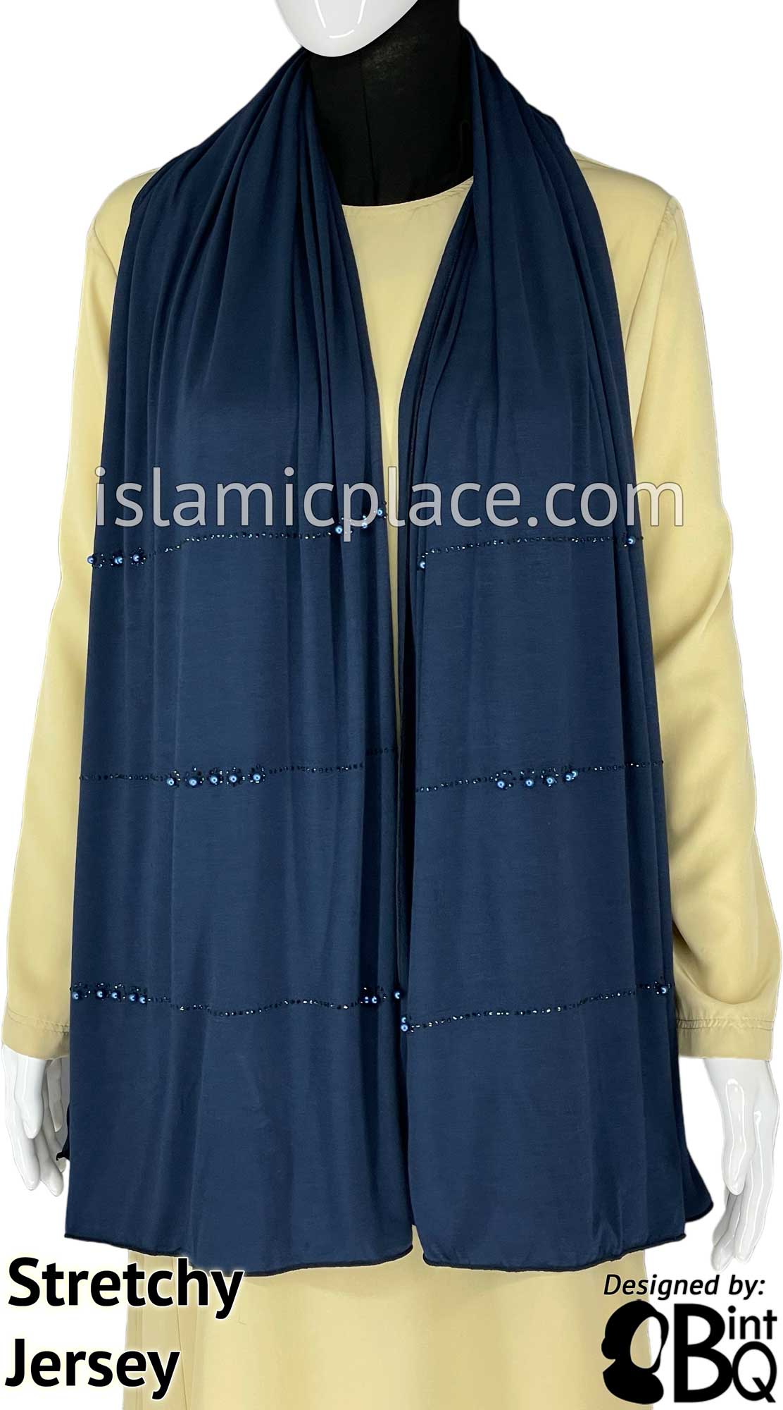 Navy Blue with Navy Stones in Design 138 - Jersey Shayla Long Rectangle Hijab 30"x70"