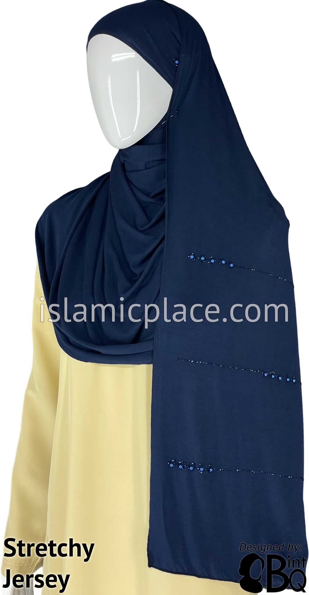 Navy Blue with Navy Stones in Design 138 - Jersey Shayla Long Rectangle Hijab 30"x70"