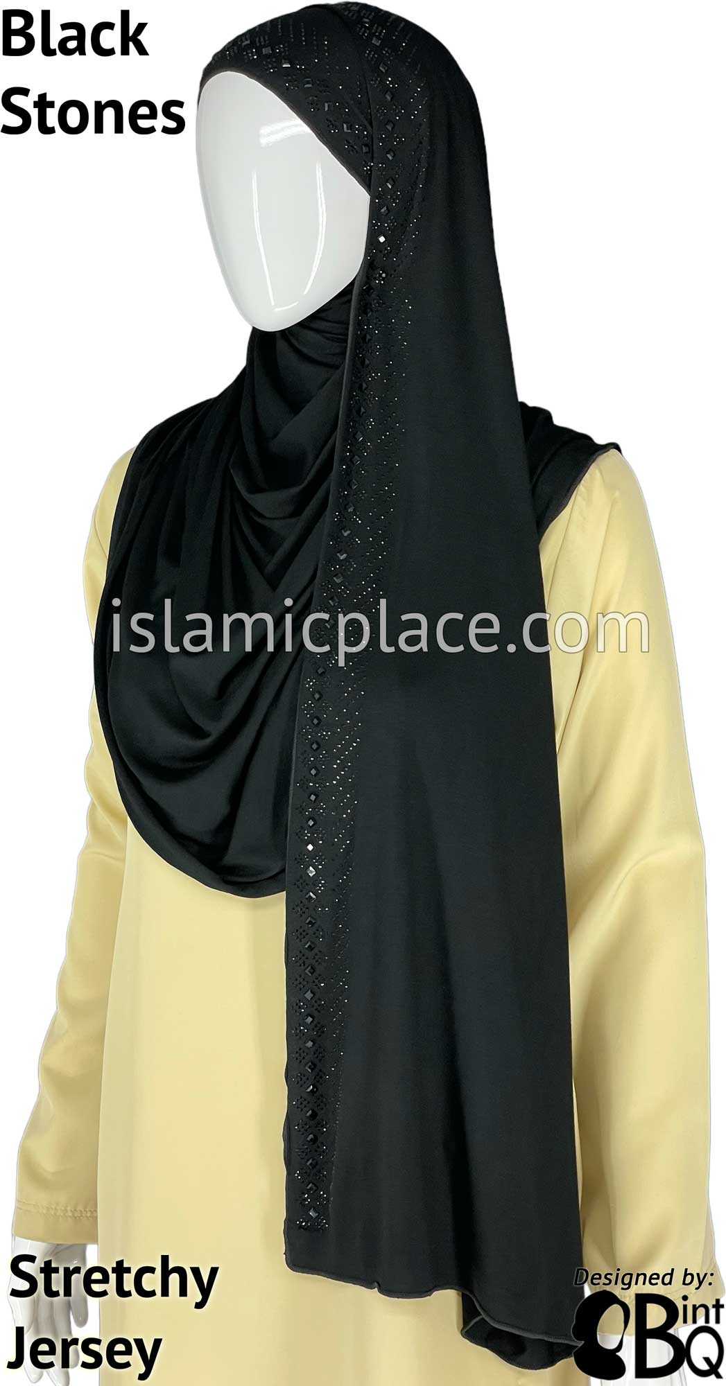 Black with Black Stones in Design 6 - Jersey Shayla Long Rectangle Hijab 30"x70"