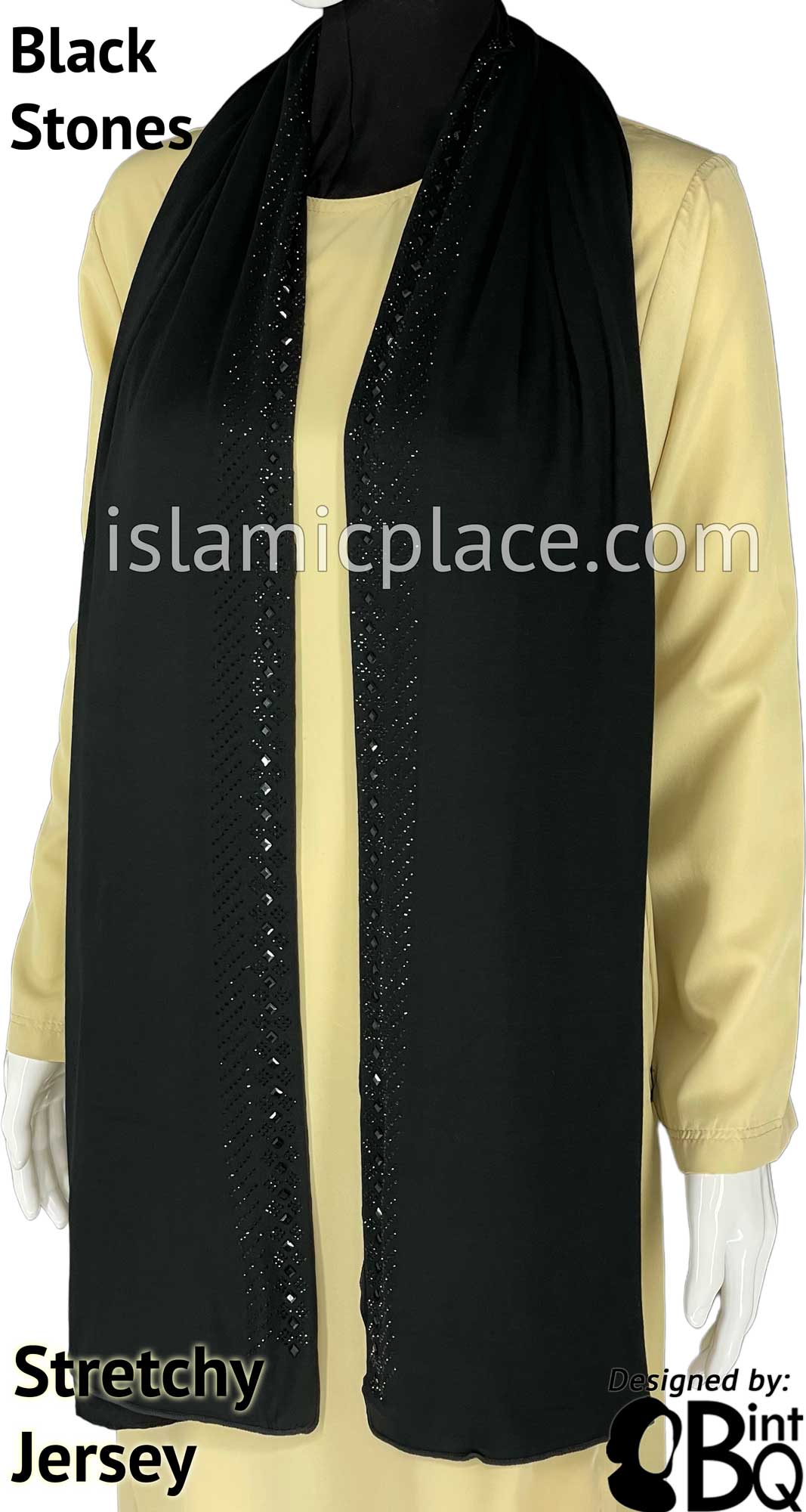 Black with Black Stones in Design 6 - Jersey Shayla Long Rectangle Hijab 30"x70"