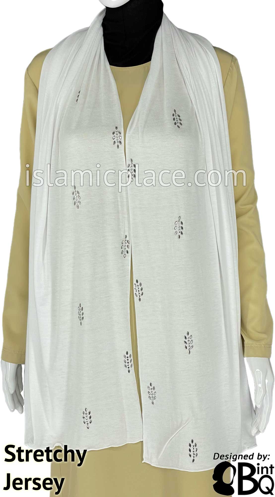 White with Silver Stones in Design 51 - Jersey Shayla Long Rectangle Hijab 30"x70"