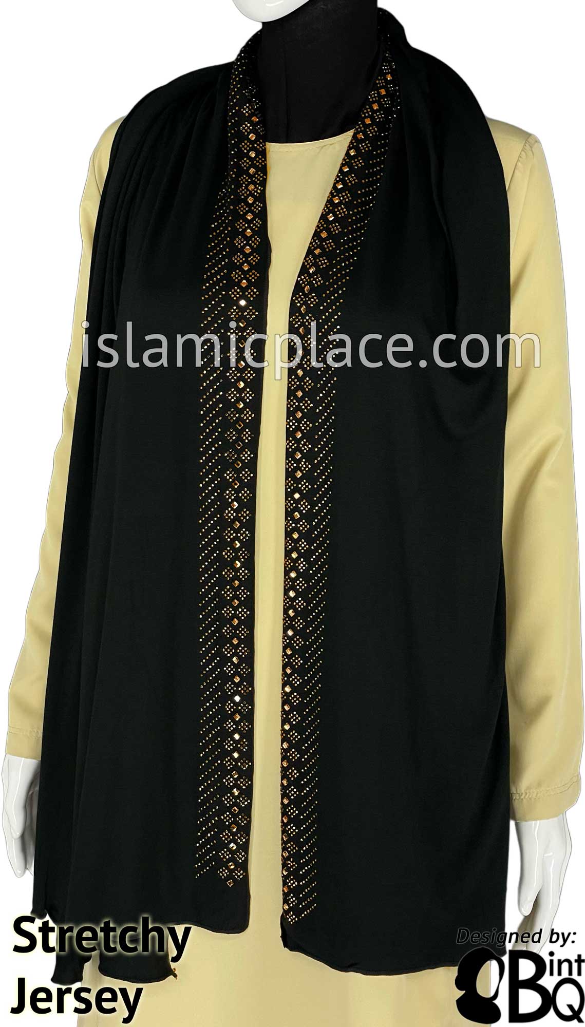Black with Golden Stones in Design 6 - Jersey Shayla Long Rectangle Hijab 30"x70"