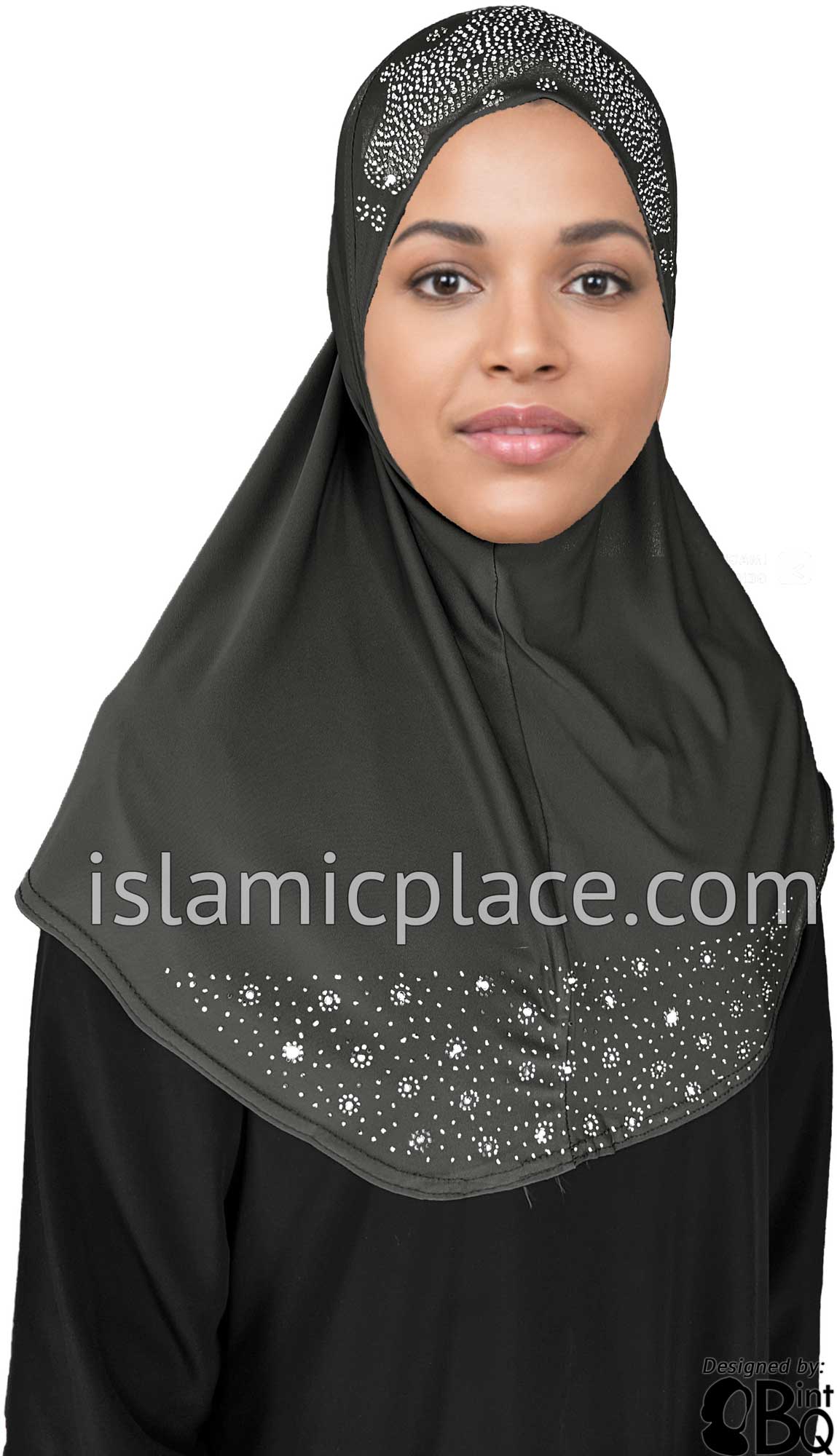 Charcoal Gray - Luxurious Lycra Hijab Al-Amira with Silver Rhinestones Teen to Adult (Large)