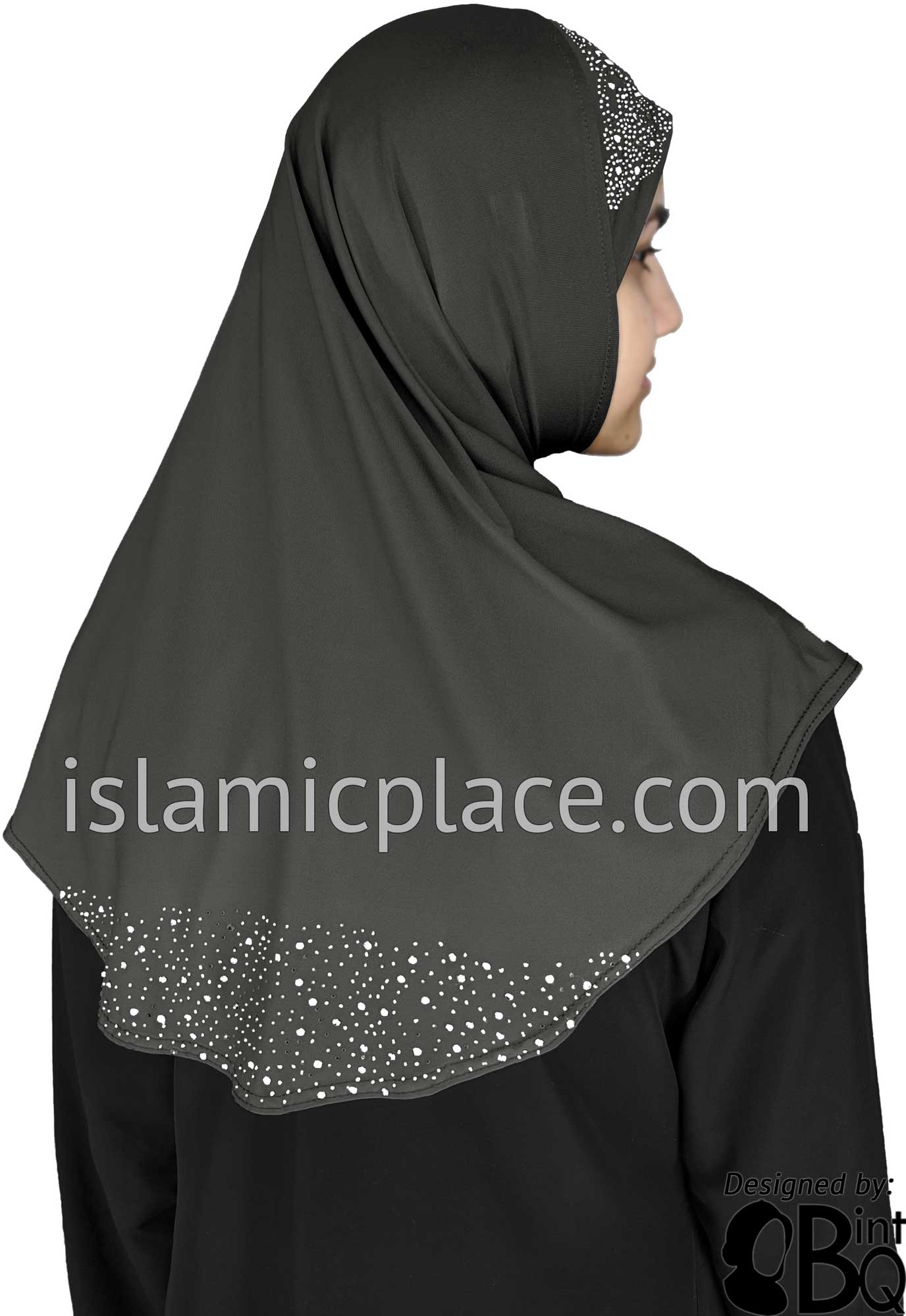 Charcoal Gray - Luxurious Lycra Hijab Al-Amira with Silver Rhinestones Teen to Adult (Large)