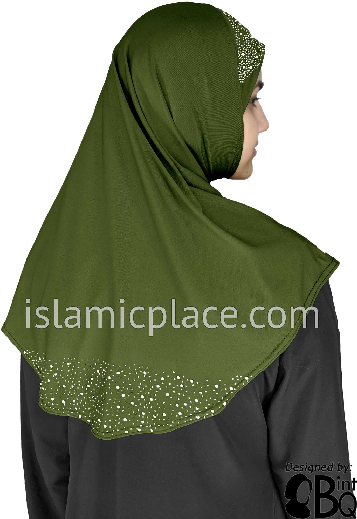 Fresh Olive - Luxurious Lycra Hijab Al-Amira with Silver Rhinestones Teen to Adult (Large)