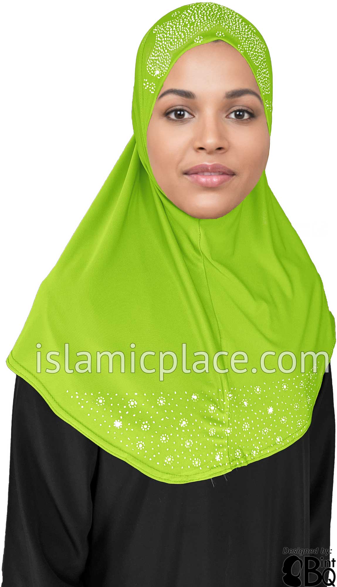 Neon Green - Luxurious Lycra Hijab Al-Amira with Silver Rhinestones Teen to Adult (Large)