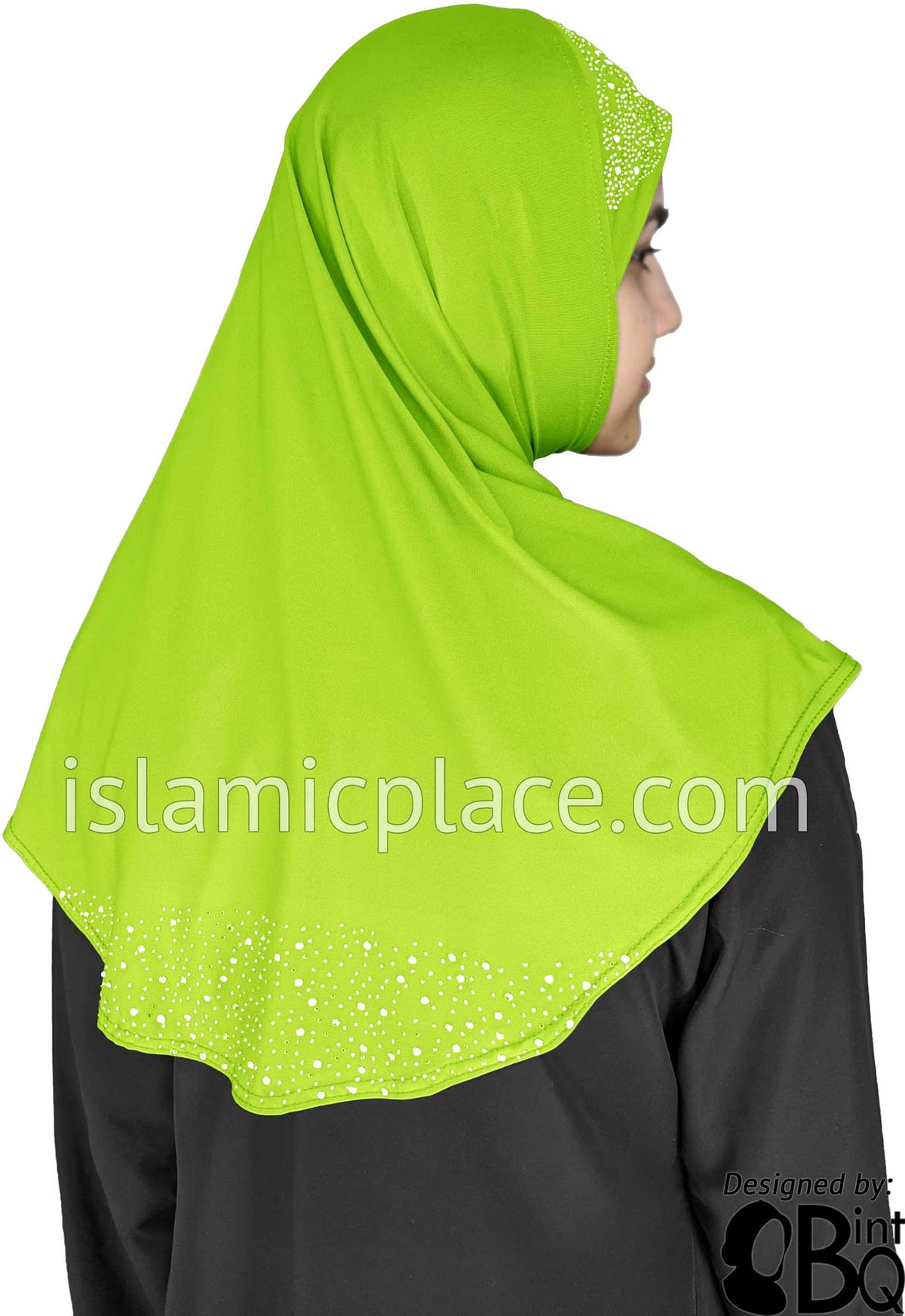 Neon Green - Luxurious Lycra Hijab Al-Amira with Silver Rhinestones Teen to Adult (Large)