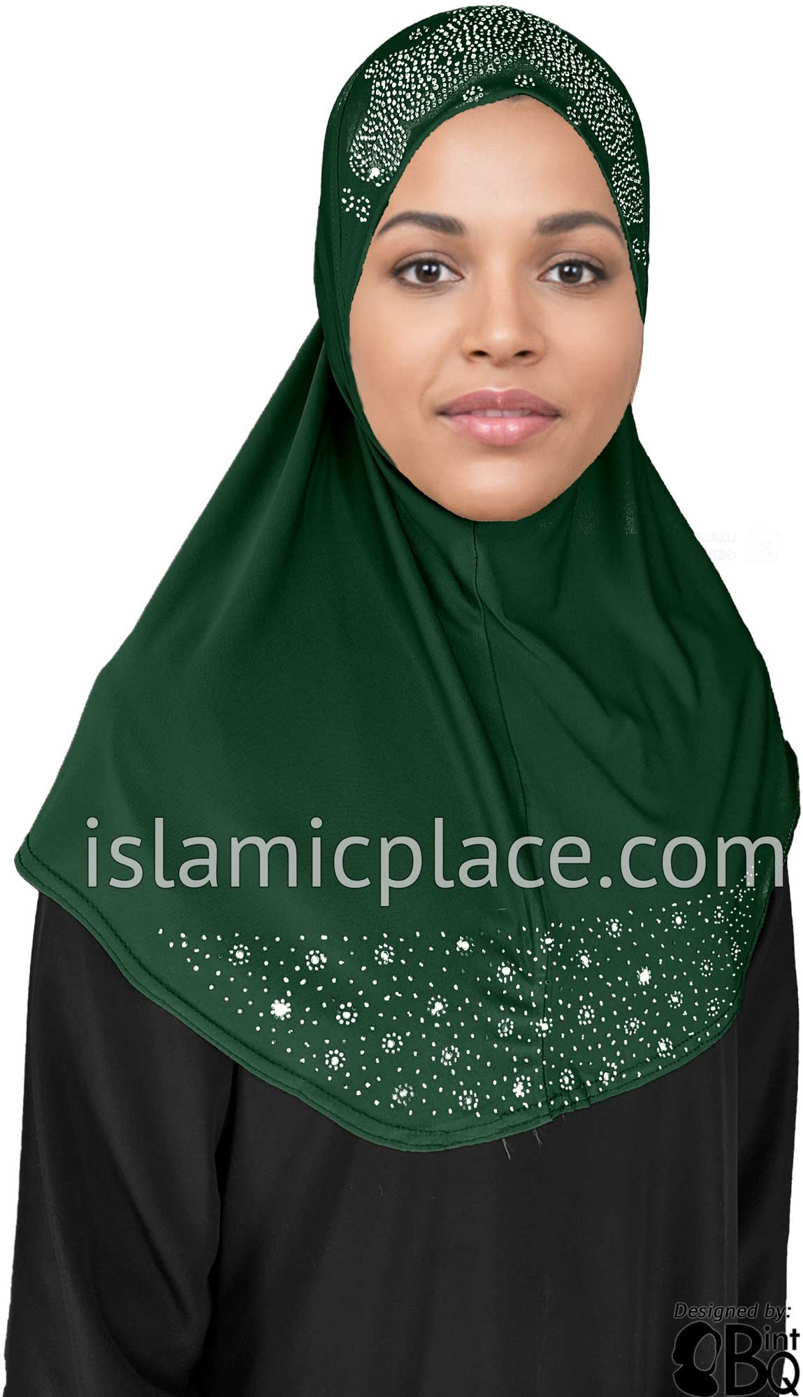 Hunter Green - Luxurious Lycra Hijab Al-Amira with Silver Rhinestones Teen to Adult (Large)