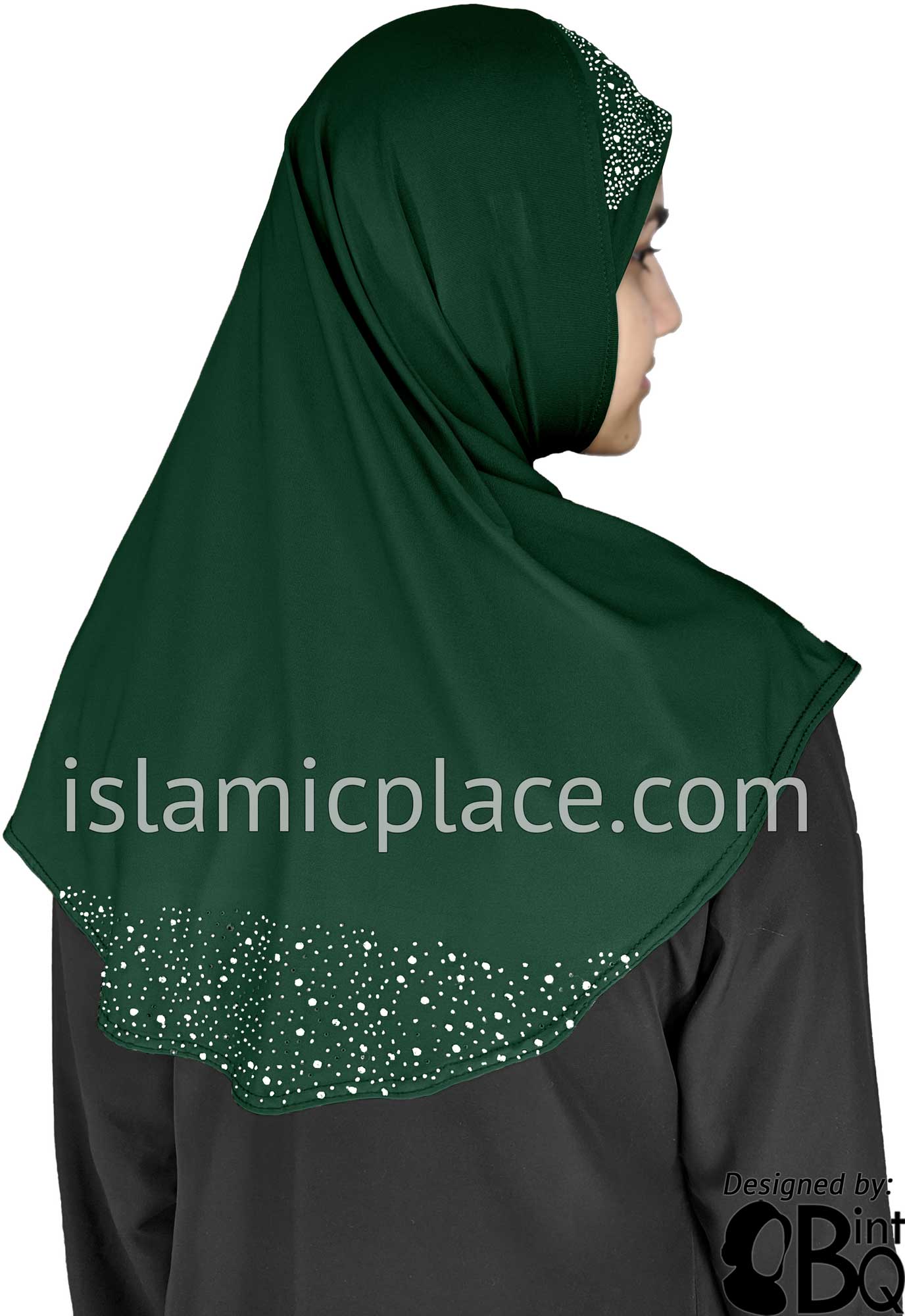 Hunter Green - Luxurious Lycra Hijab Al-Amira with Silver Rhinestones Teen to Adult (Large)