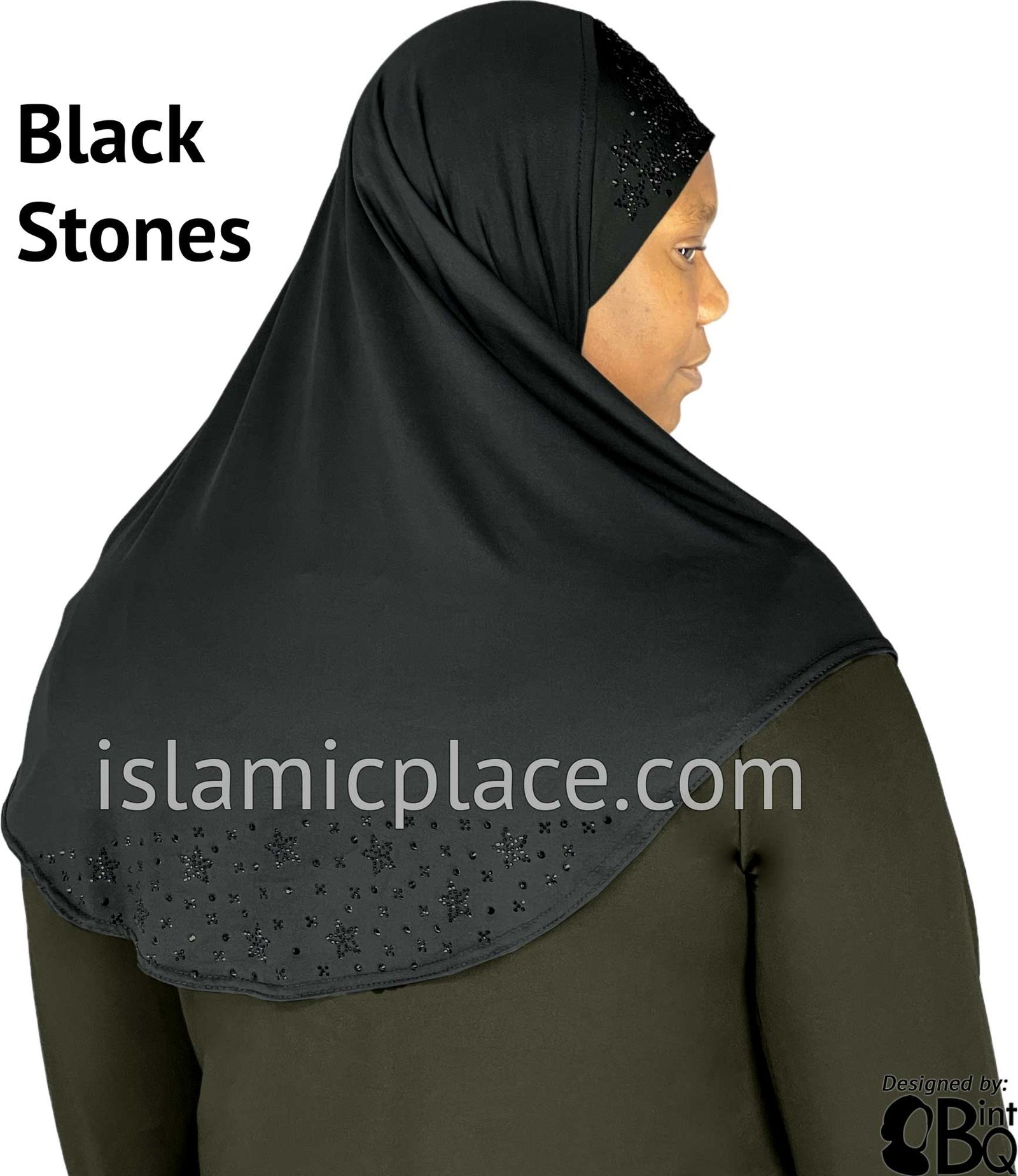 Black-Black - Luxurious Lycra Hijab Al-Amira with Black Rhinestones Teen to Adult (Large)