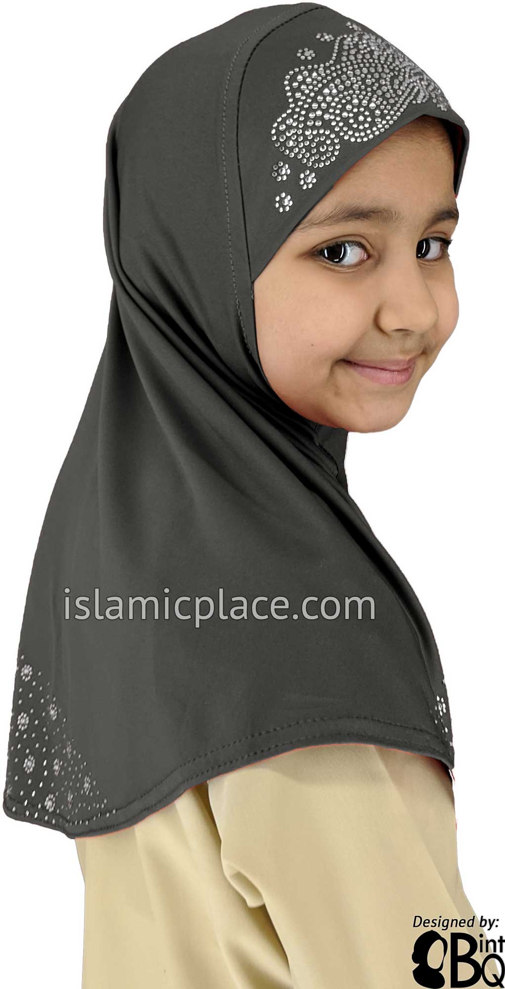 Charcoal Gray - Luxurious Lycra Hijab Al-Amira with Silver Rhinestones - Girl size (1-piece)