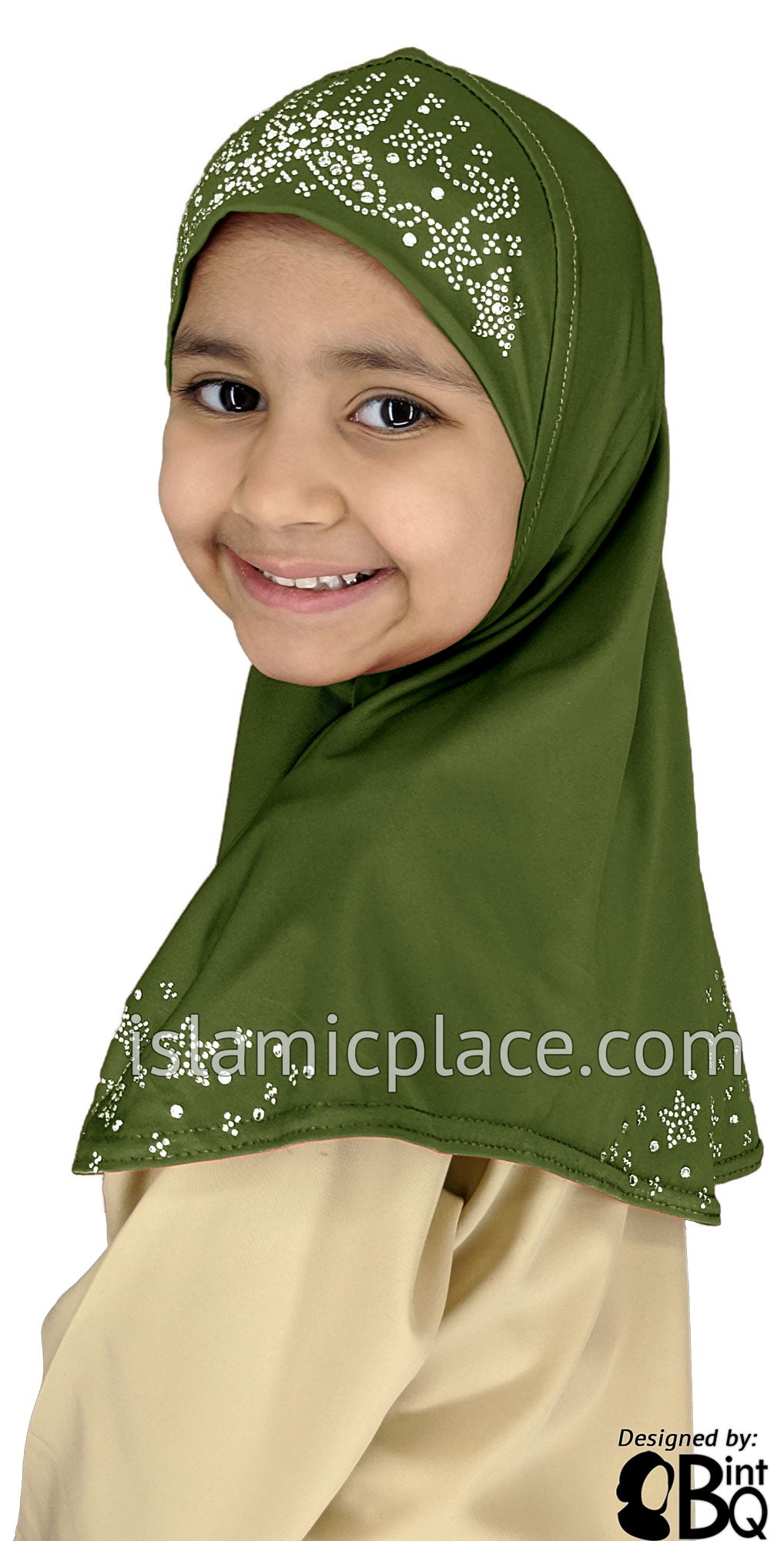 Fresh Olive - Luxurious Lycra Hijab Al-Amira with Silver Rhinestones - Girl size (1-piece)