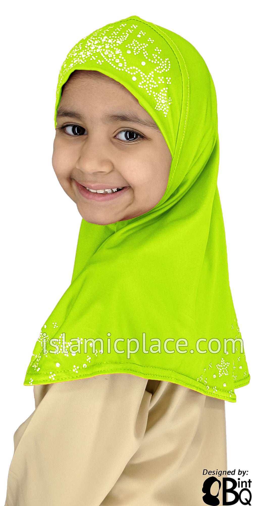 Neon Green - Luxurious Lycra Hijab Al-Amira with Silver Rhinestones - Girl size (1-piece)