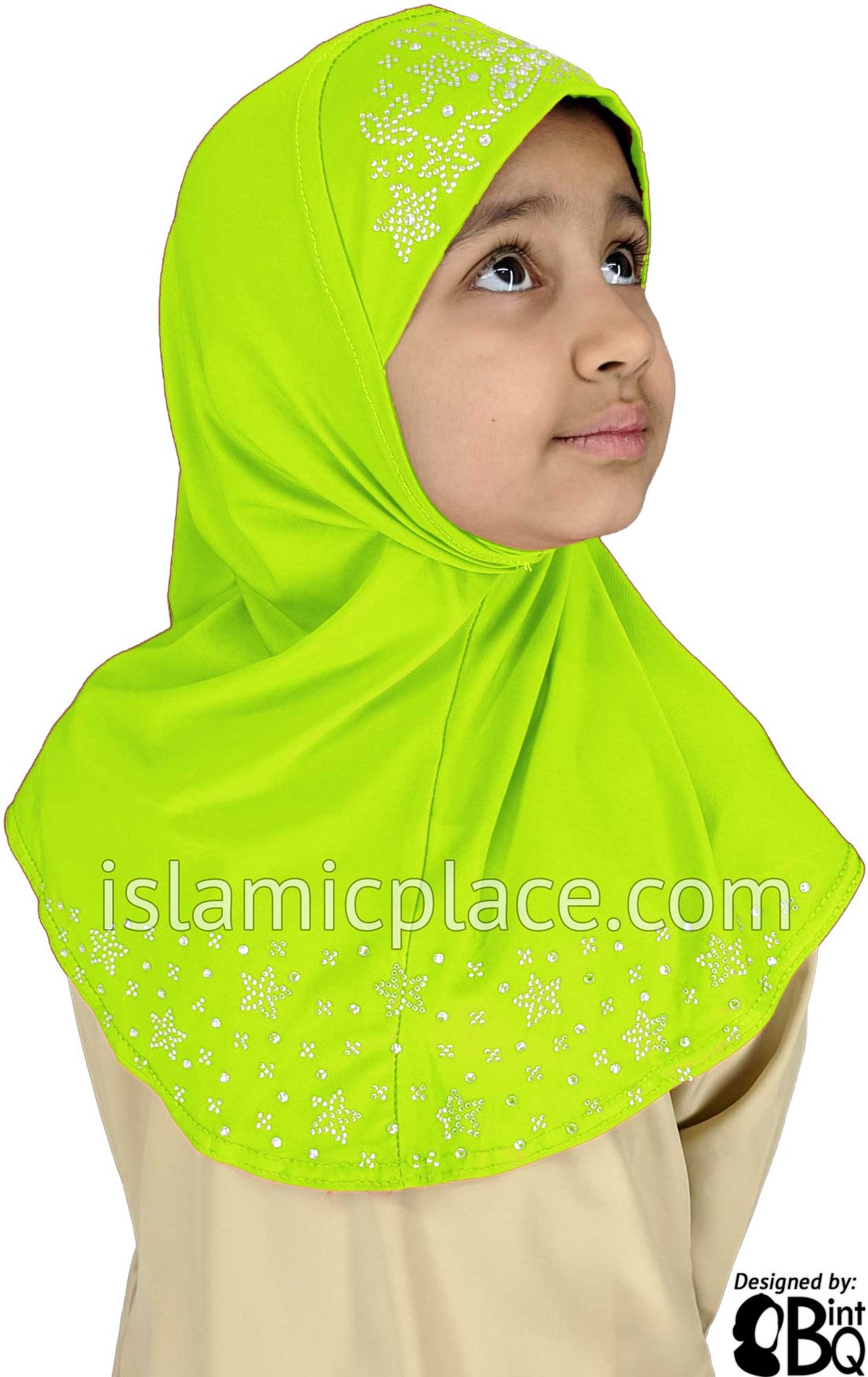 Neon Green - Luxurious Lycra Hijab Al-Amira with Silver Rhinestones - Girl size (1-piece)