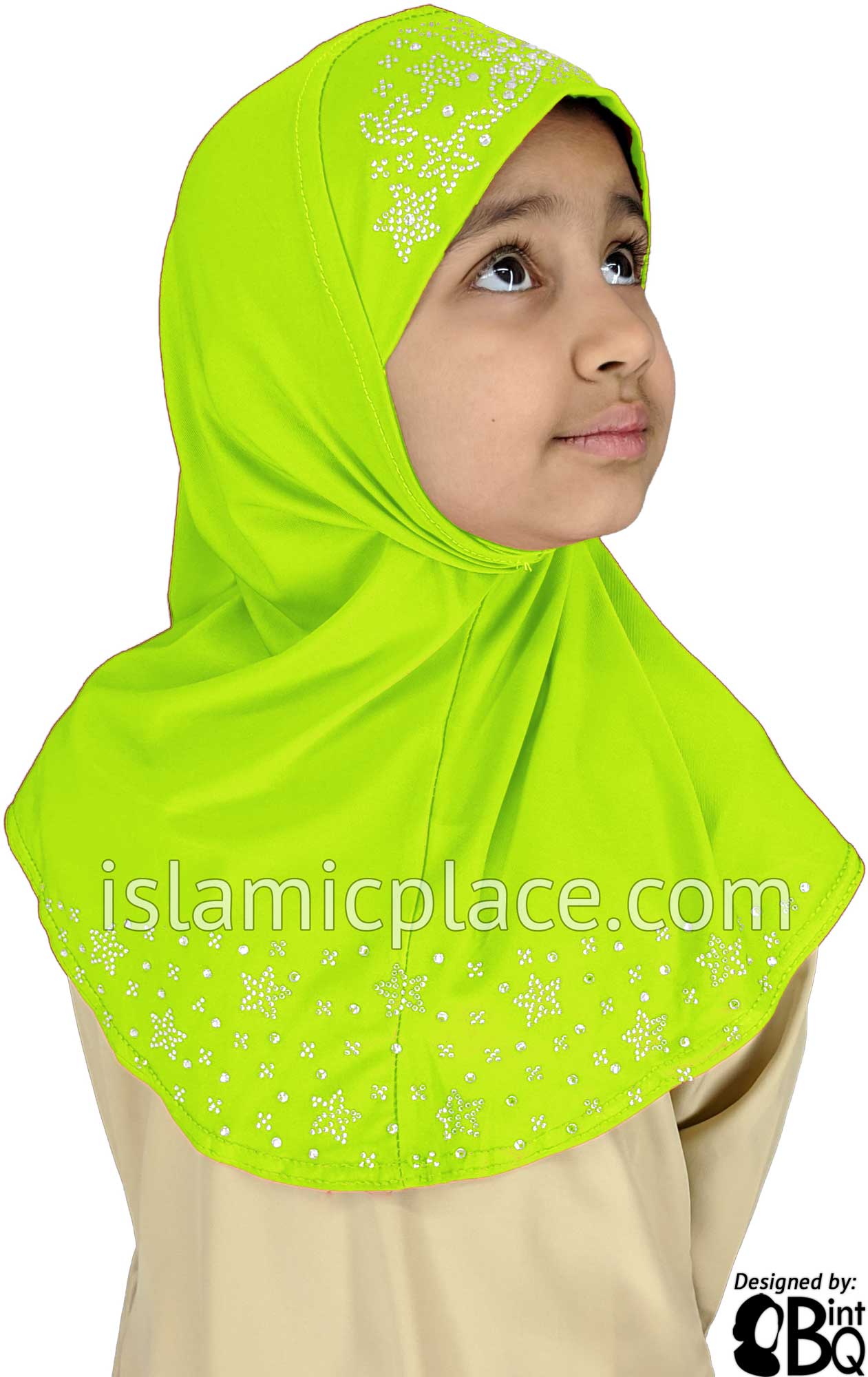 Neon Green - Luxurious Lycra Hijab Al-Amira with Silver Rhinestones - Girl size (1-piece)