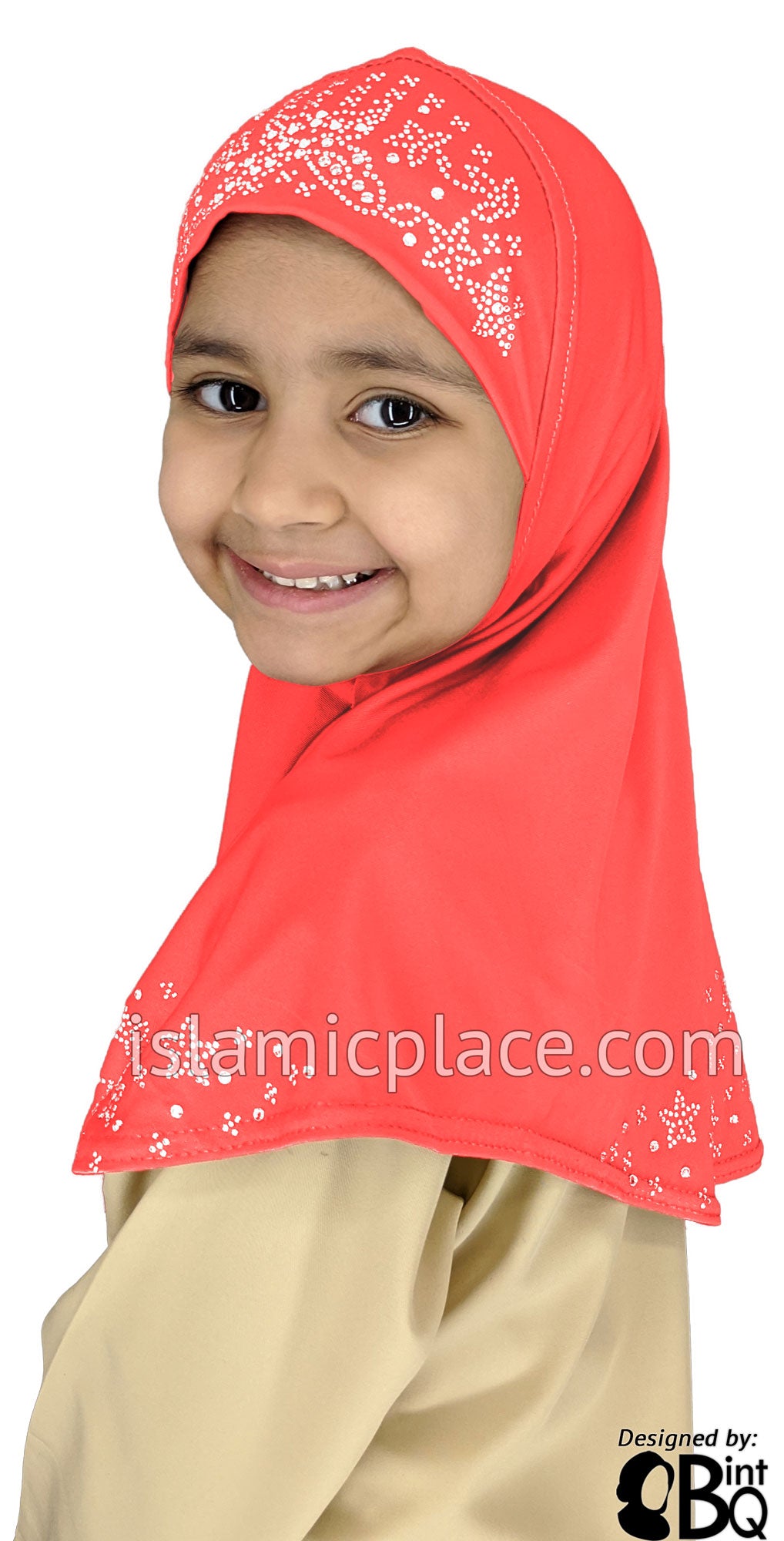 Neon Pink - Luxurious Lycra Hijab Al-Amira with Silver Rhinestones - Girl size (1-piece)