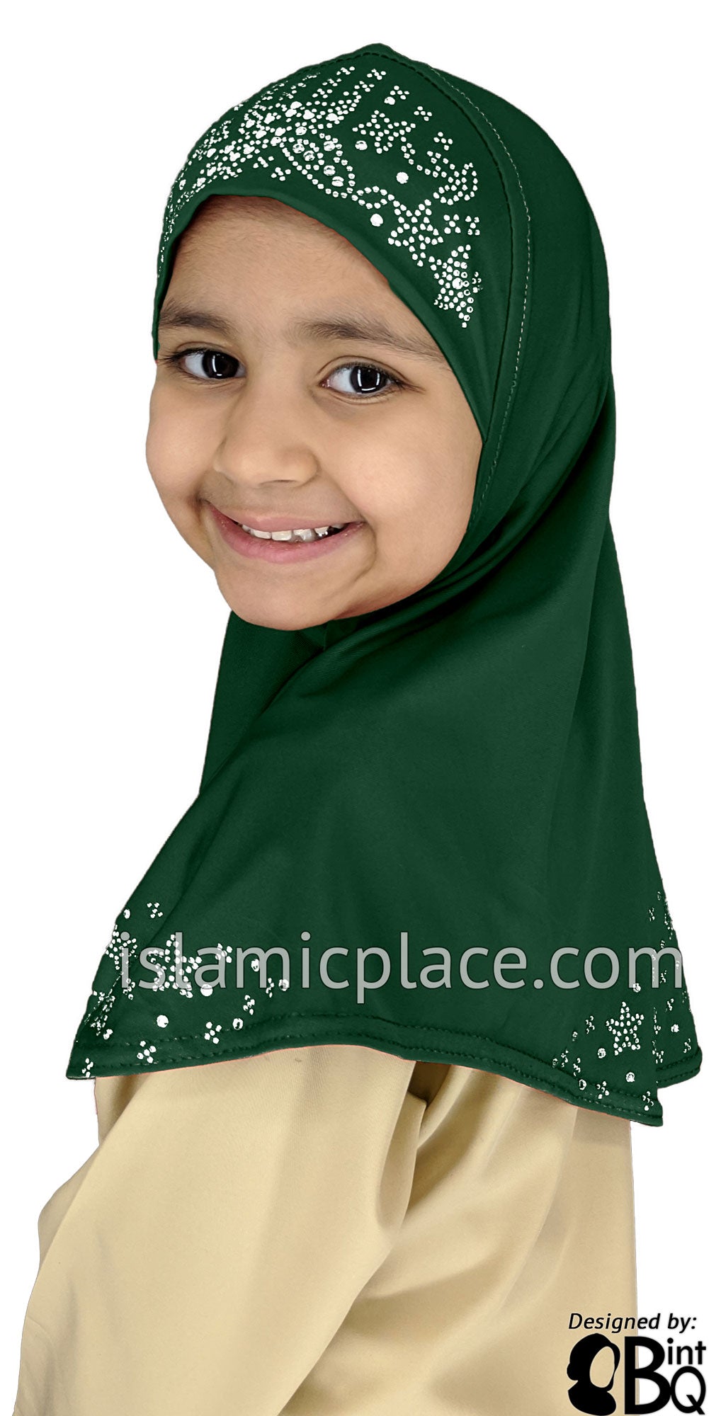 Hunter Green - Luxurious Lycra Hijab Al-Amira with Silver Rhinestones - Girl size (1-piece)