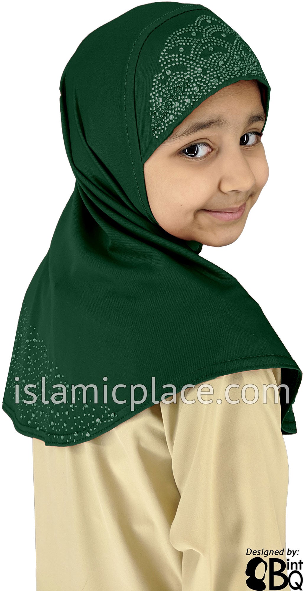 Hunter Green - Luxurious Lycra Hijab Al-Amira with Silver Rhinestones - Girl size (1-piece)