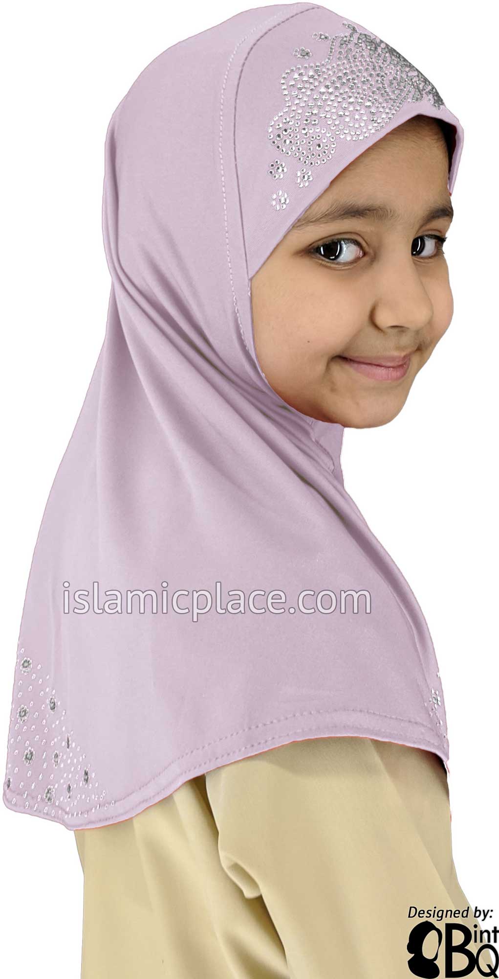 Lilac - Luxurious Lycra Hijab Al-Amira with Silver Rhinestones - Girl size (1-piece)